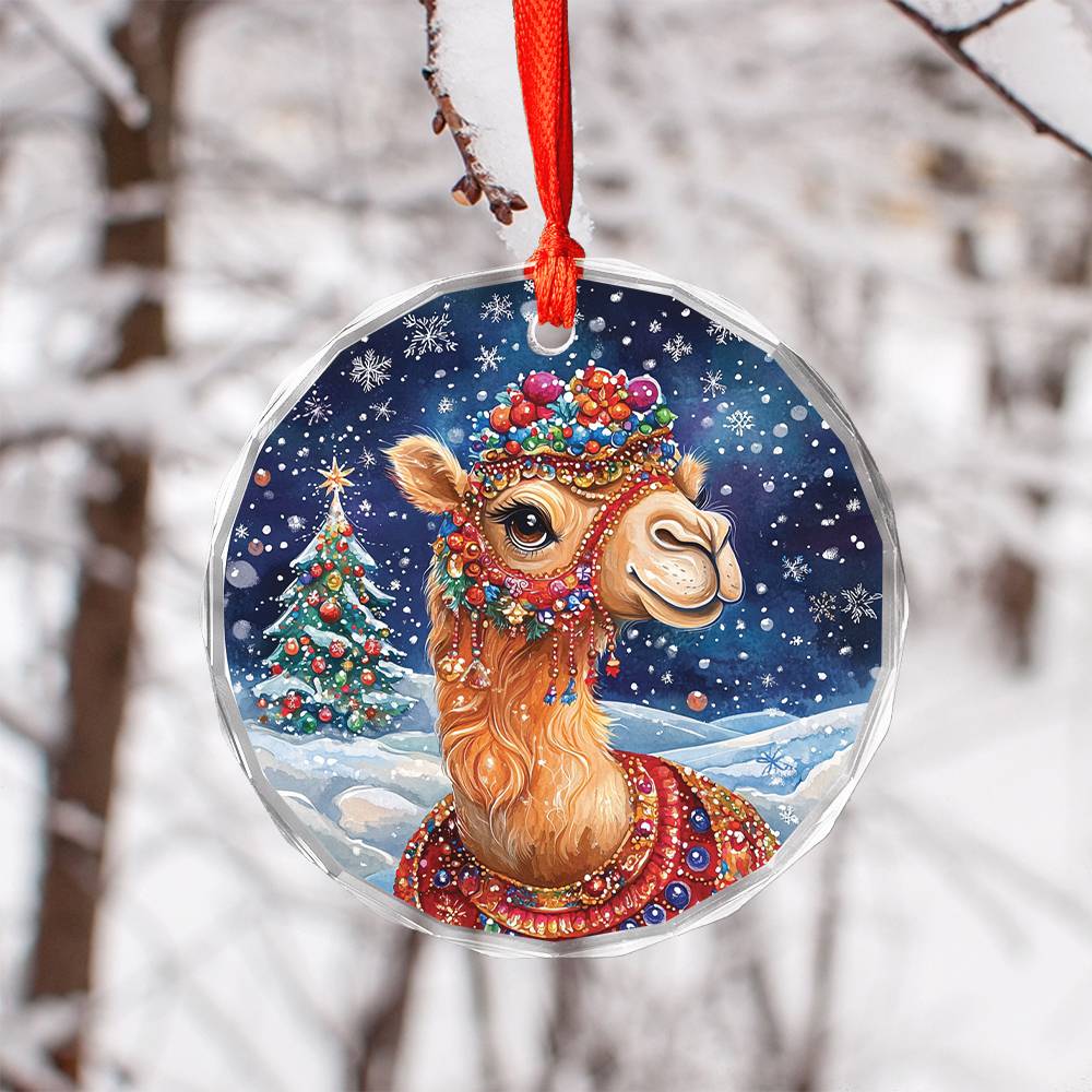 Beautiful Camel Christmas Night Design 4 Glass Ornament