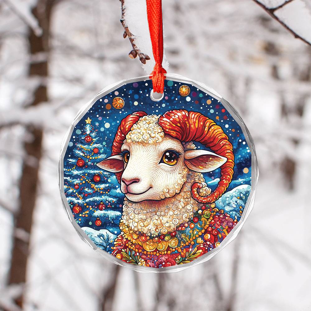 Beautiful Sheep Christmas Night Design 4 Glass Ornament