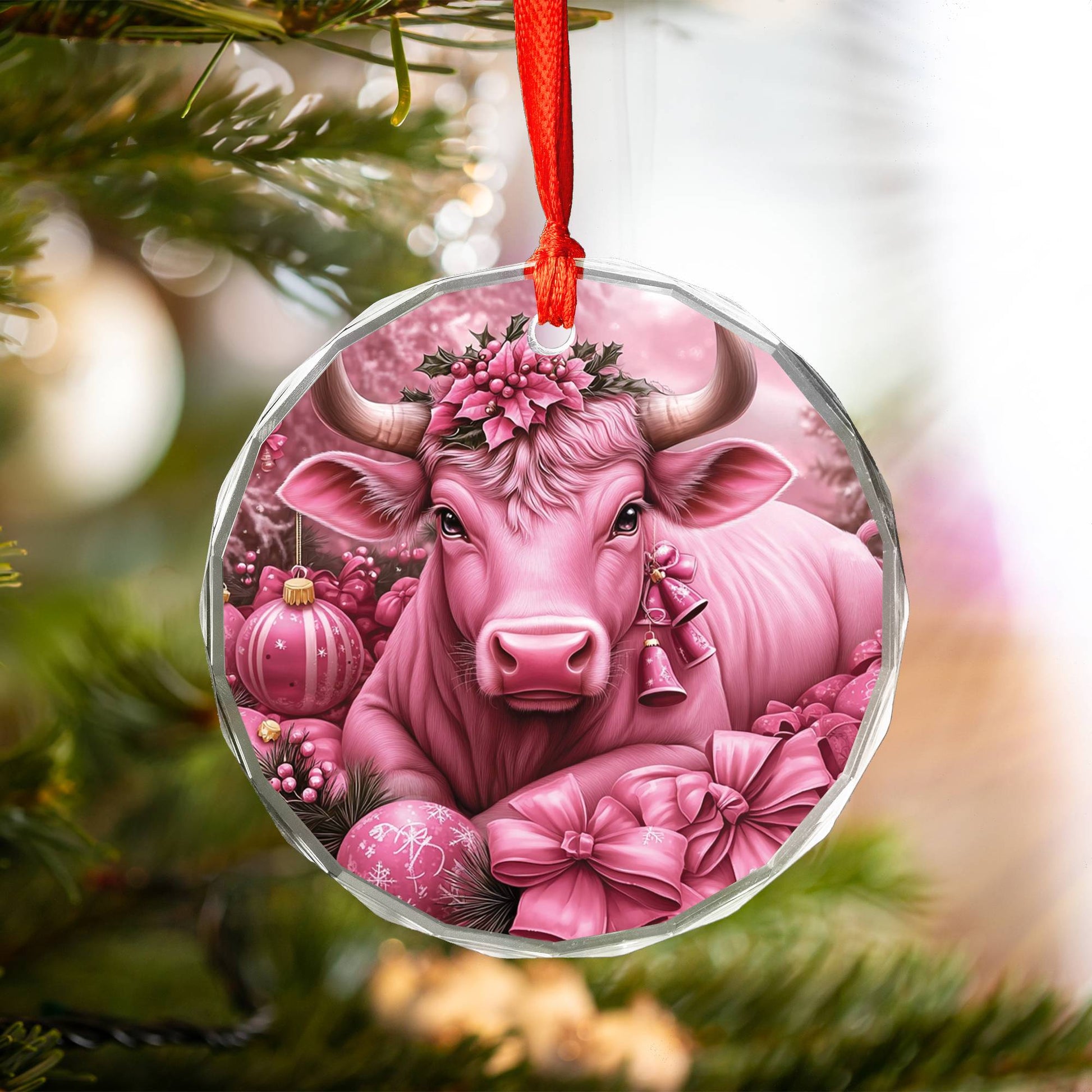 Bull Pink Christmas Design 1 Glass Ornament