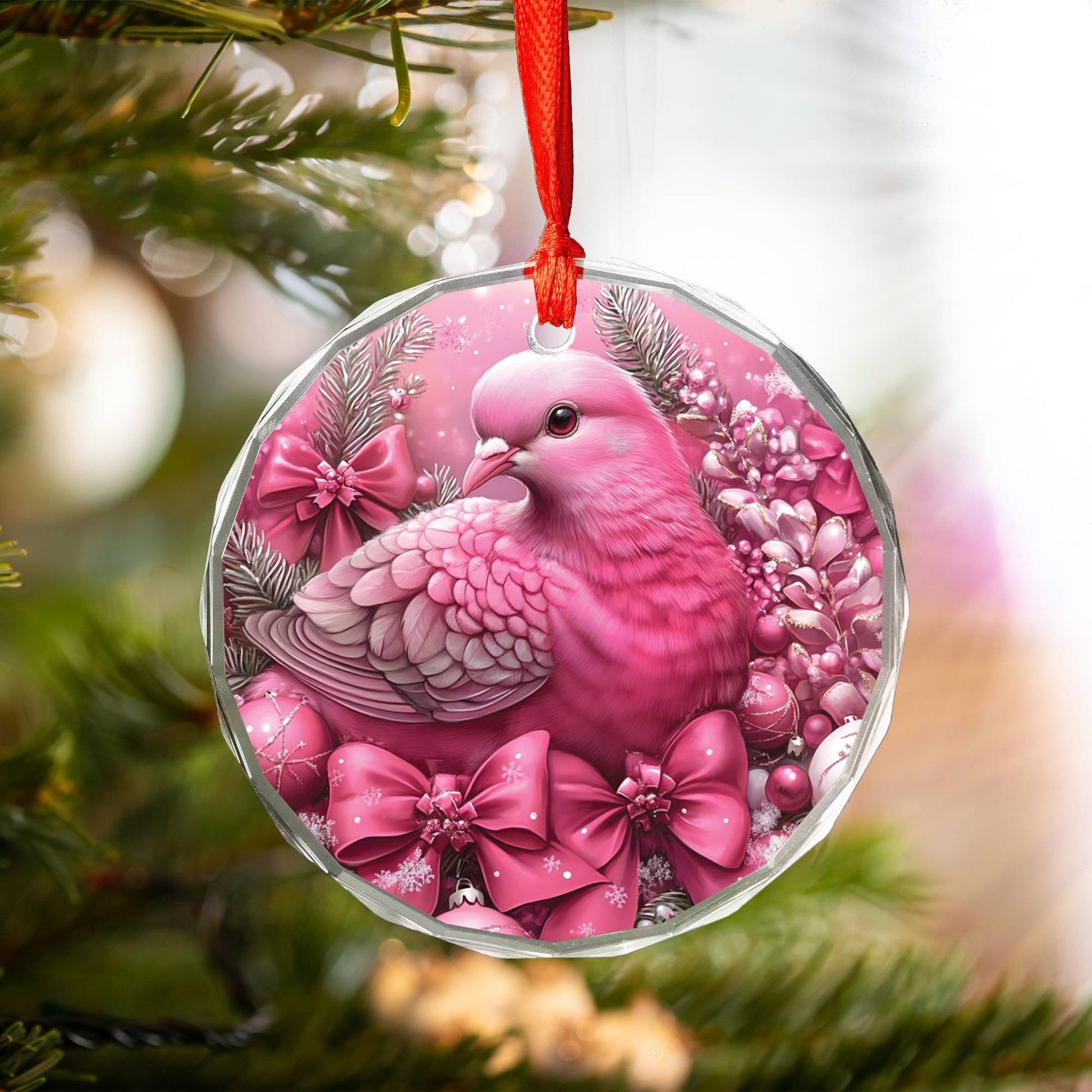 Pigeon Pink Christmas Design 4 Glass Ornament