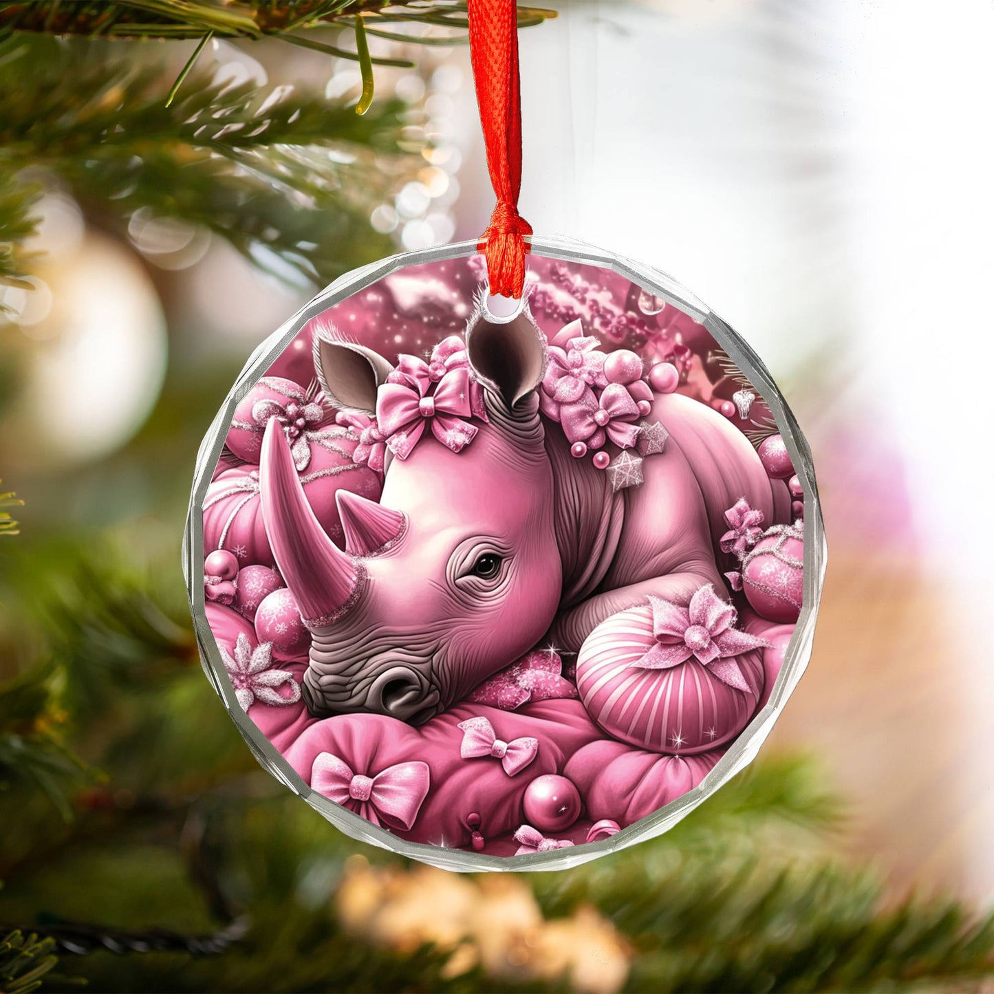 Rhino Pink Christmas Design 3 Glass Ornament