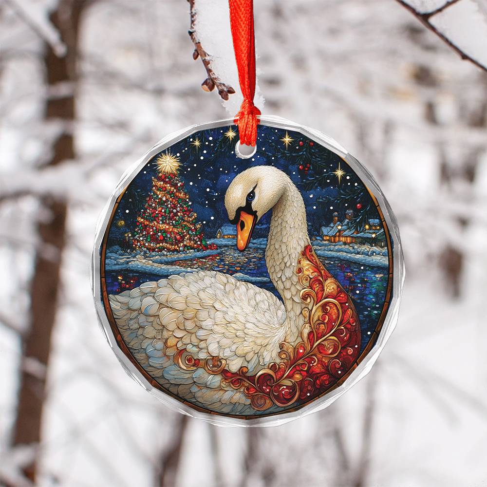Beautiful Swan Christmas Night Design 2 Glass Ornament
