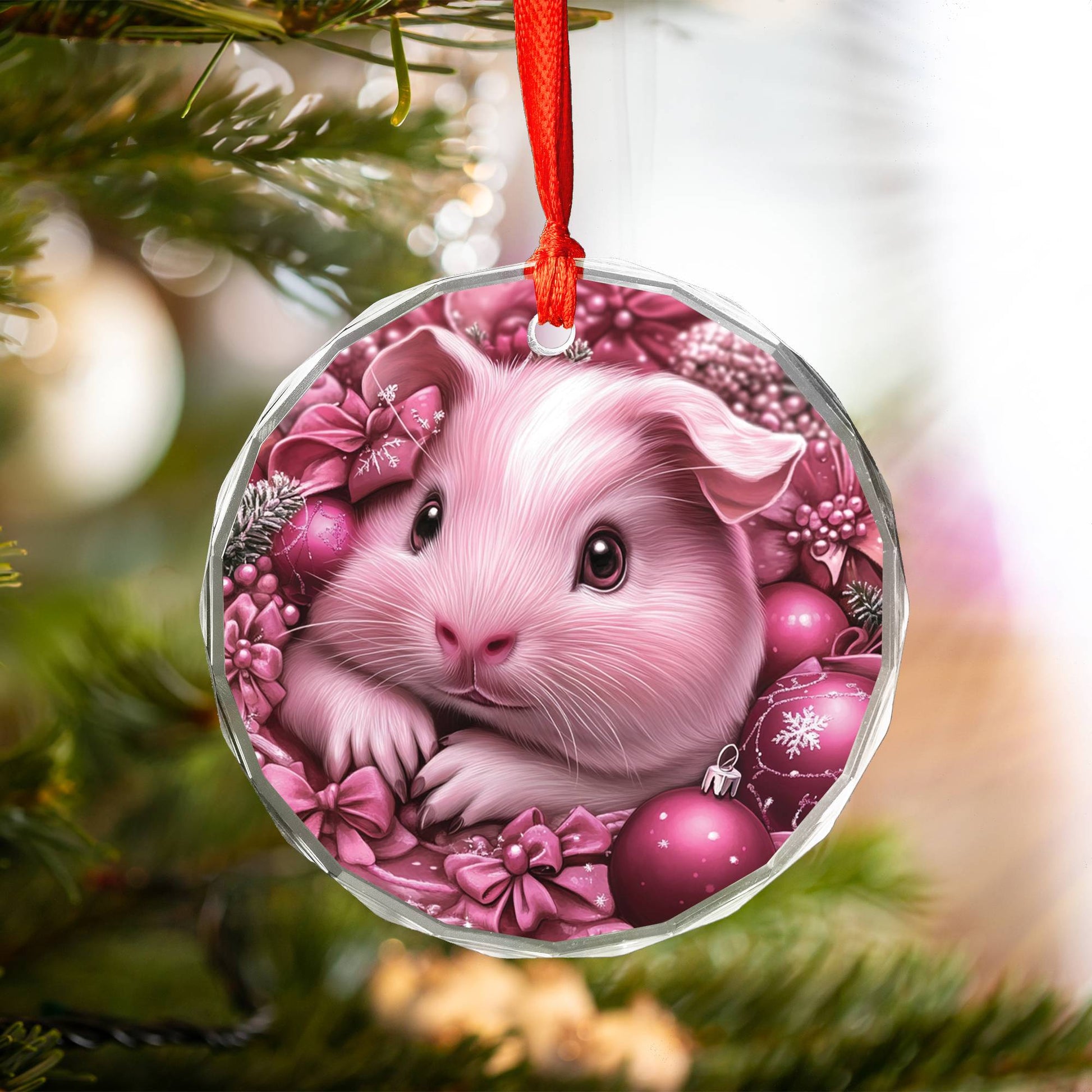 Guinea Pig Pink Christmas Design 1 Glass Ornament