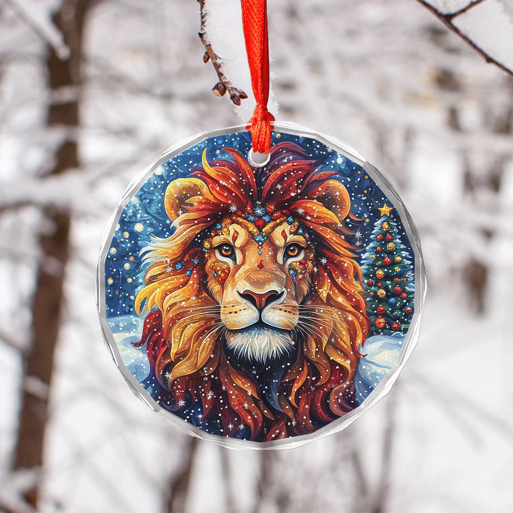 Beautiful Lion Christmas Night Design 1 Glass Ornament