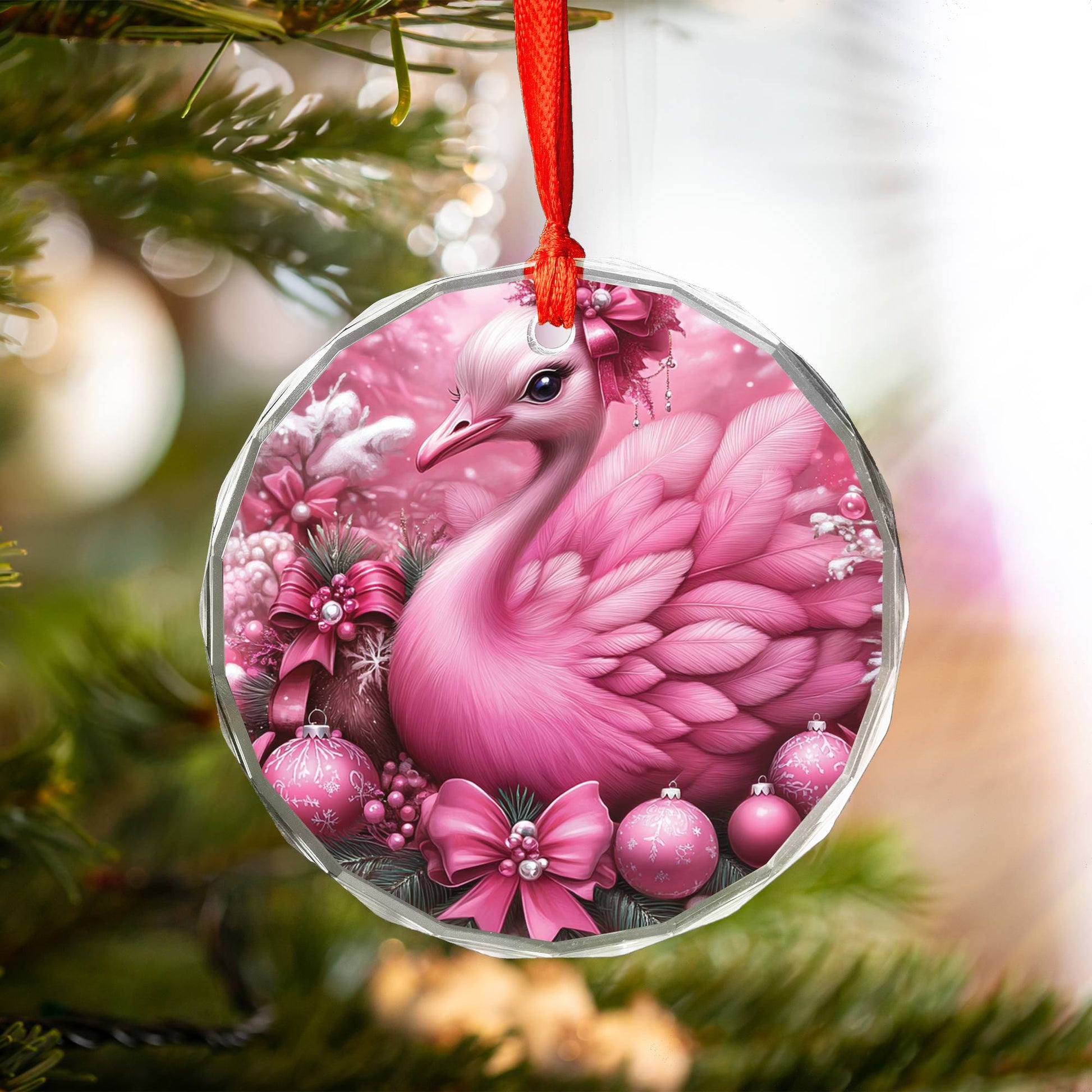 Ostrich Pink Christmas Design 4 Glass Ornament