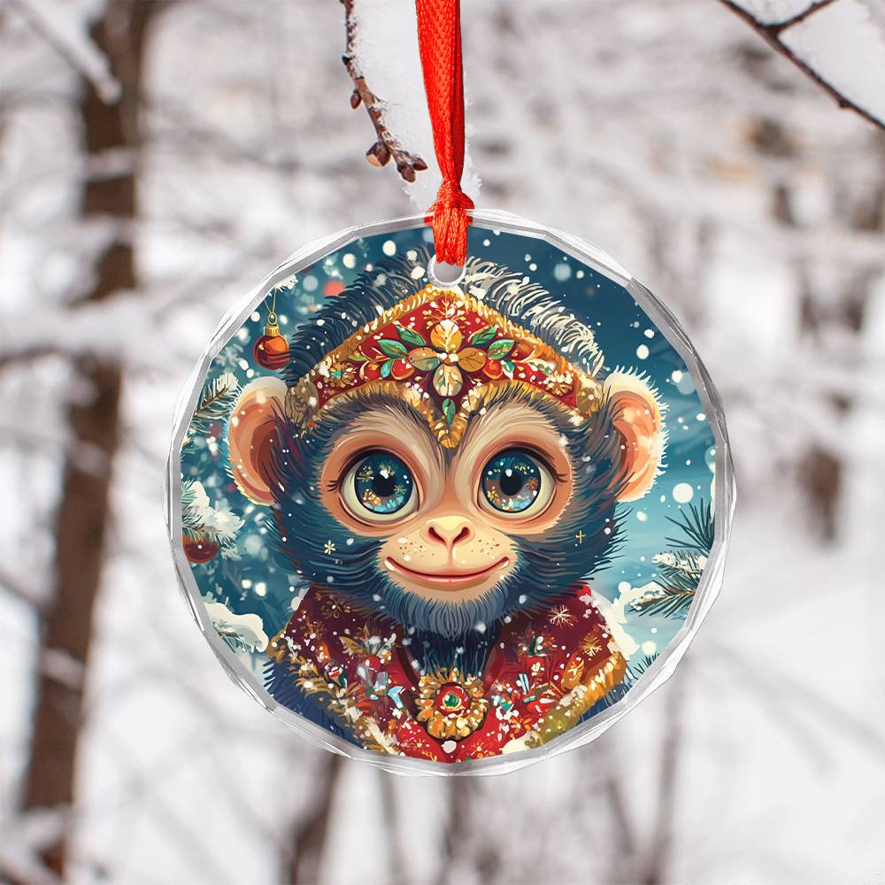 Beautiful Angus Monkey Christmas Night Design 2 Glass Ornament