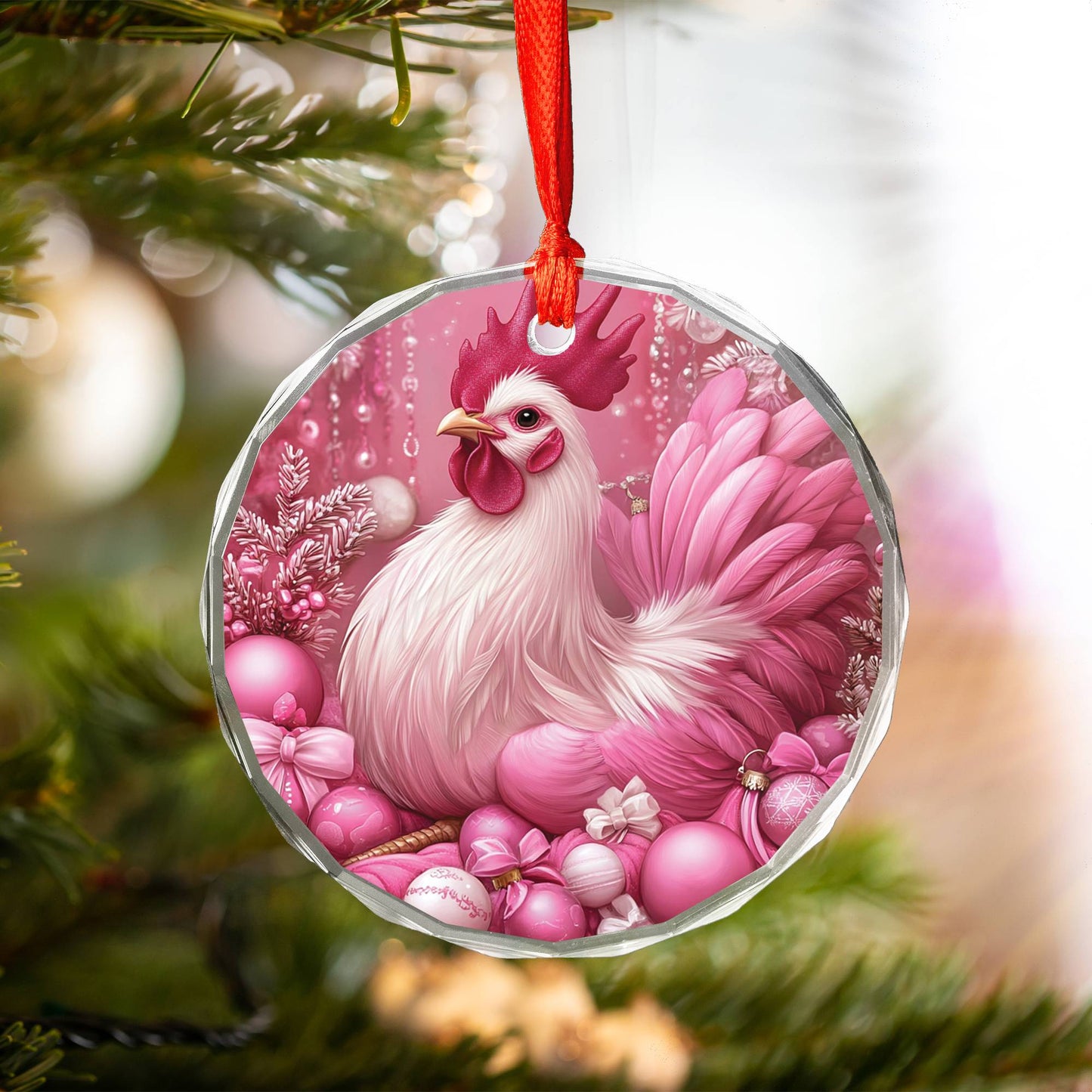 Rooster Pink Christmas Design 1 Glass Ornament