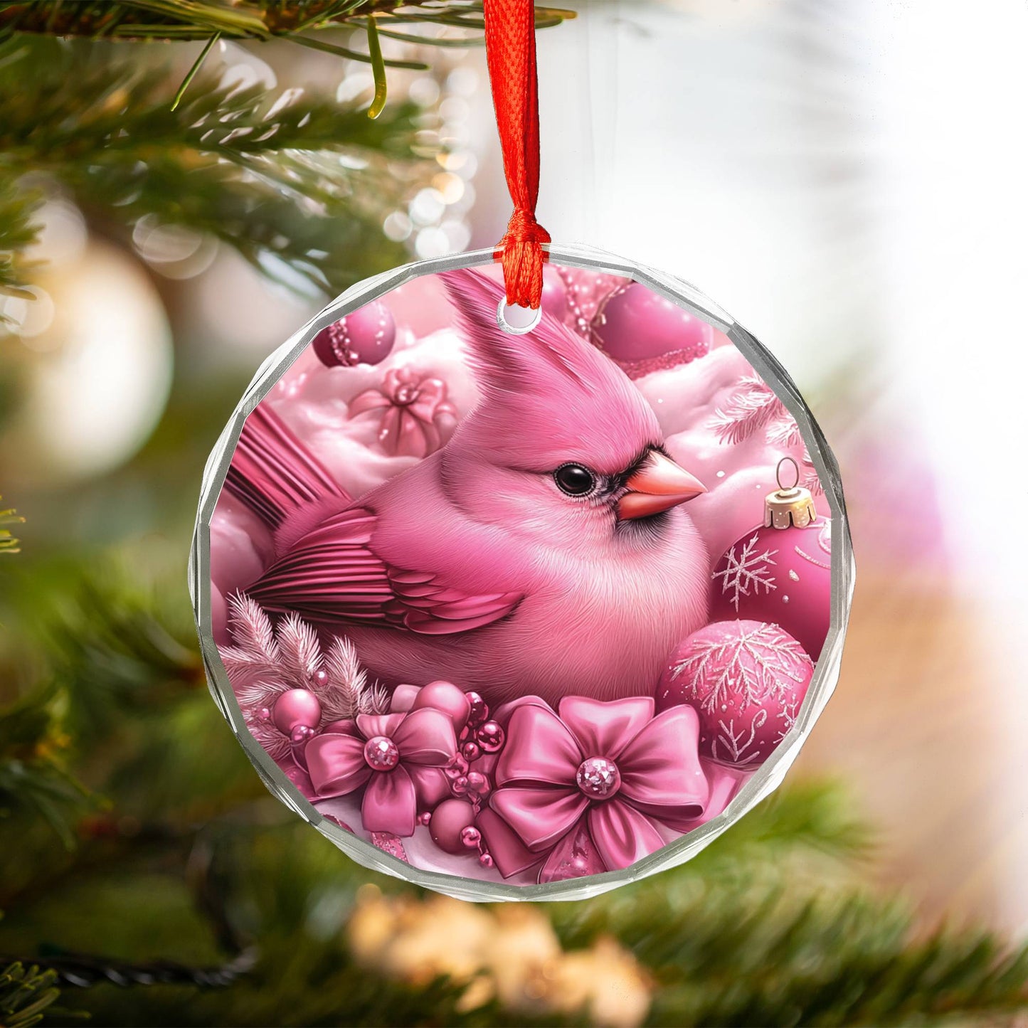 Cardinal Pink Christmas Design 2 Glass Ornament