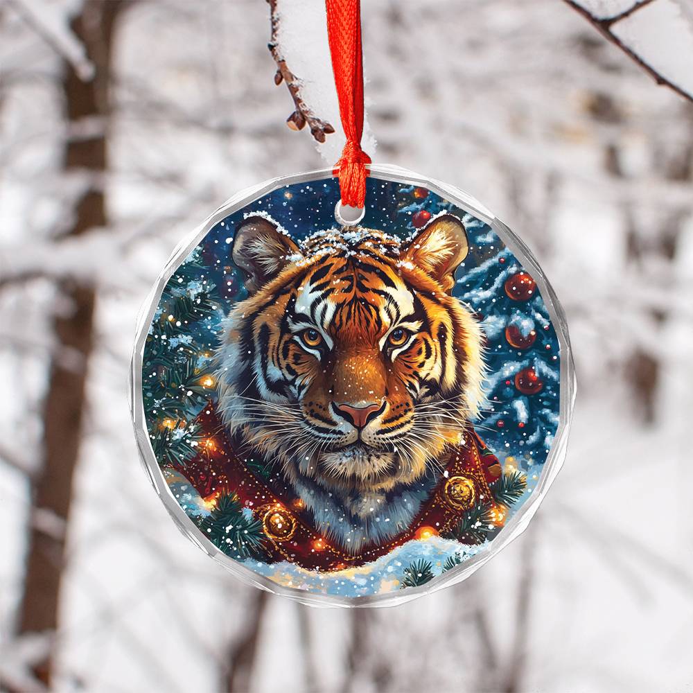 Beautiful Tiger Christmas Night Design 4 Glass Ornament
