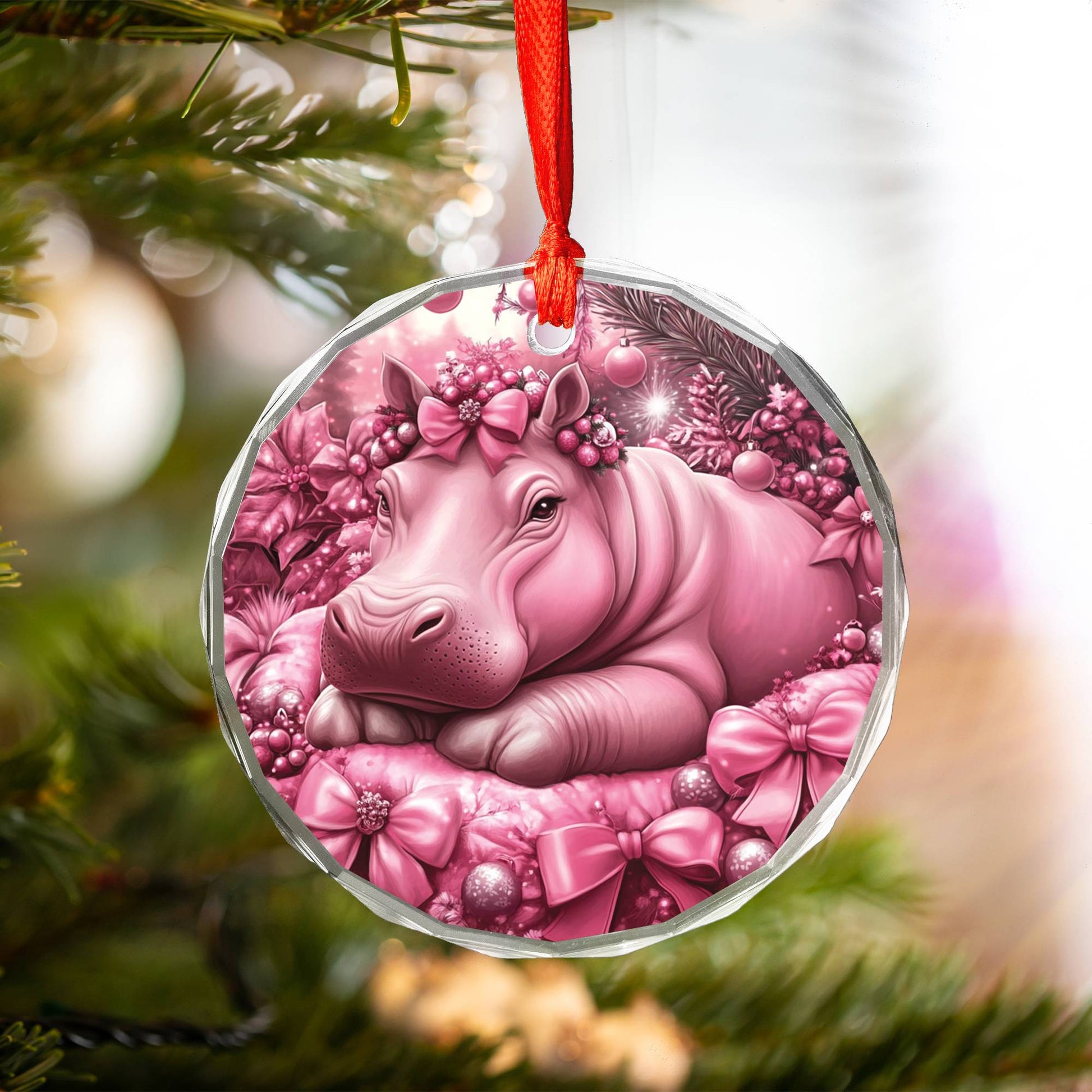 Hippo Pink Christmas Design 2 Glass Ornament