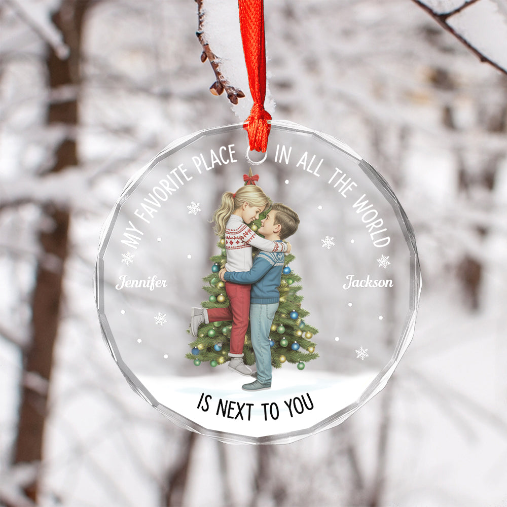 Christmas Couple Kissing My Favorite Place In All The World - Personalized Circle Glass Ornament