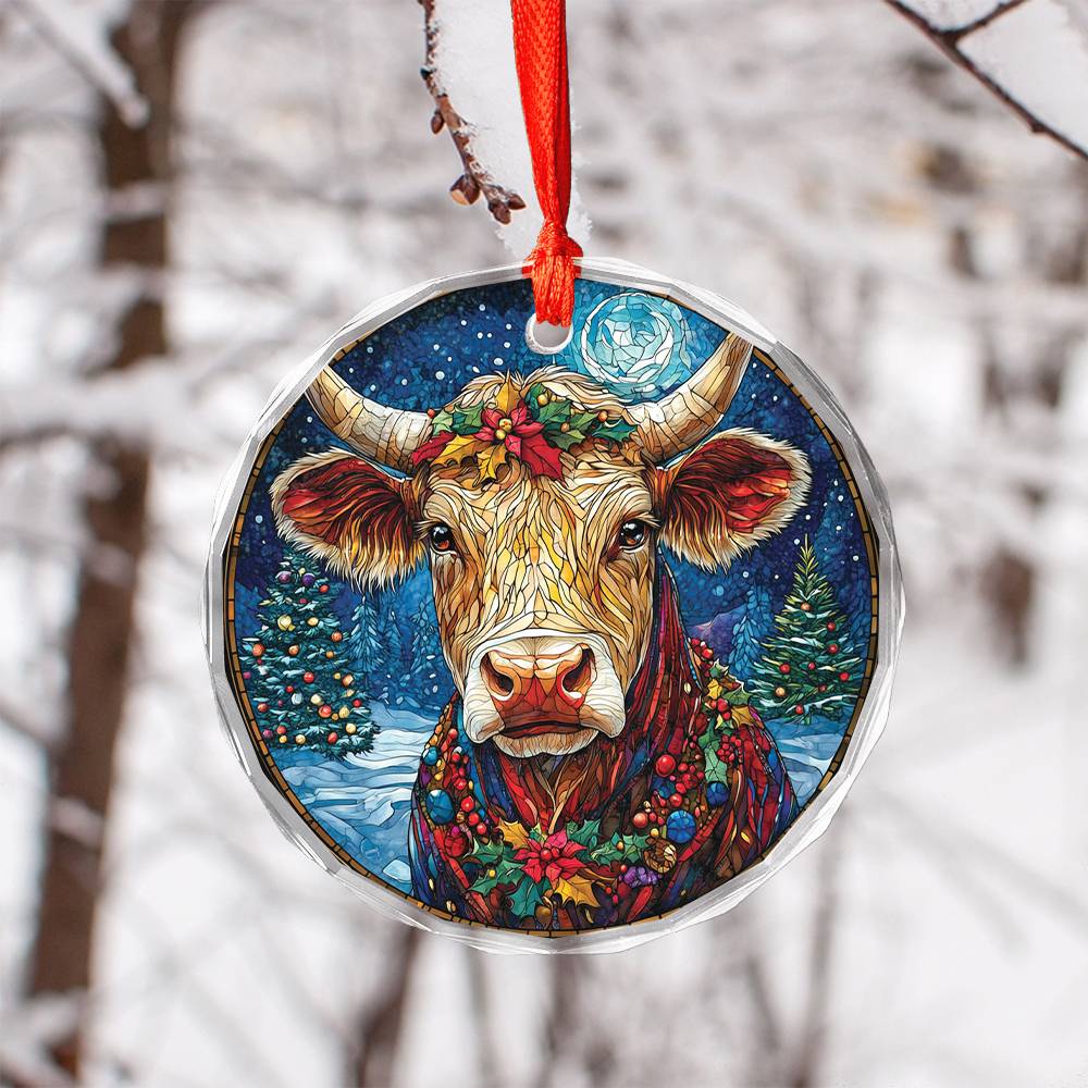 Beautiful Angus Cow Christmas Night Design 2 Glass Ornament