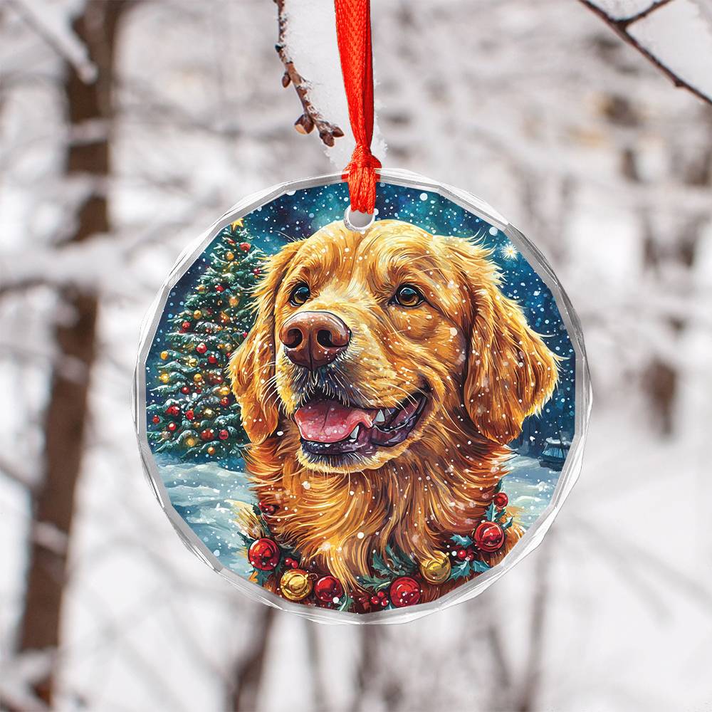 Beautiful Golden Retriever Dog Christmas Night Design 1 Glass Ornament