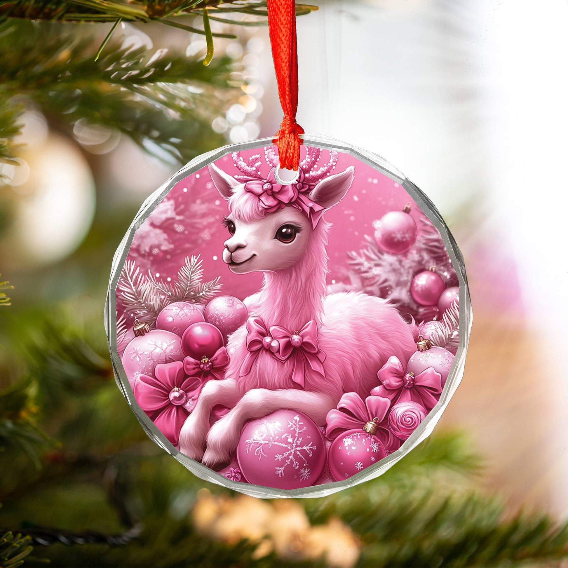 Alpaca Pink Christmas Design 1 Glass Ornament