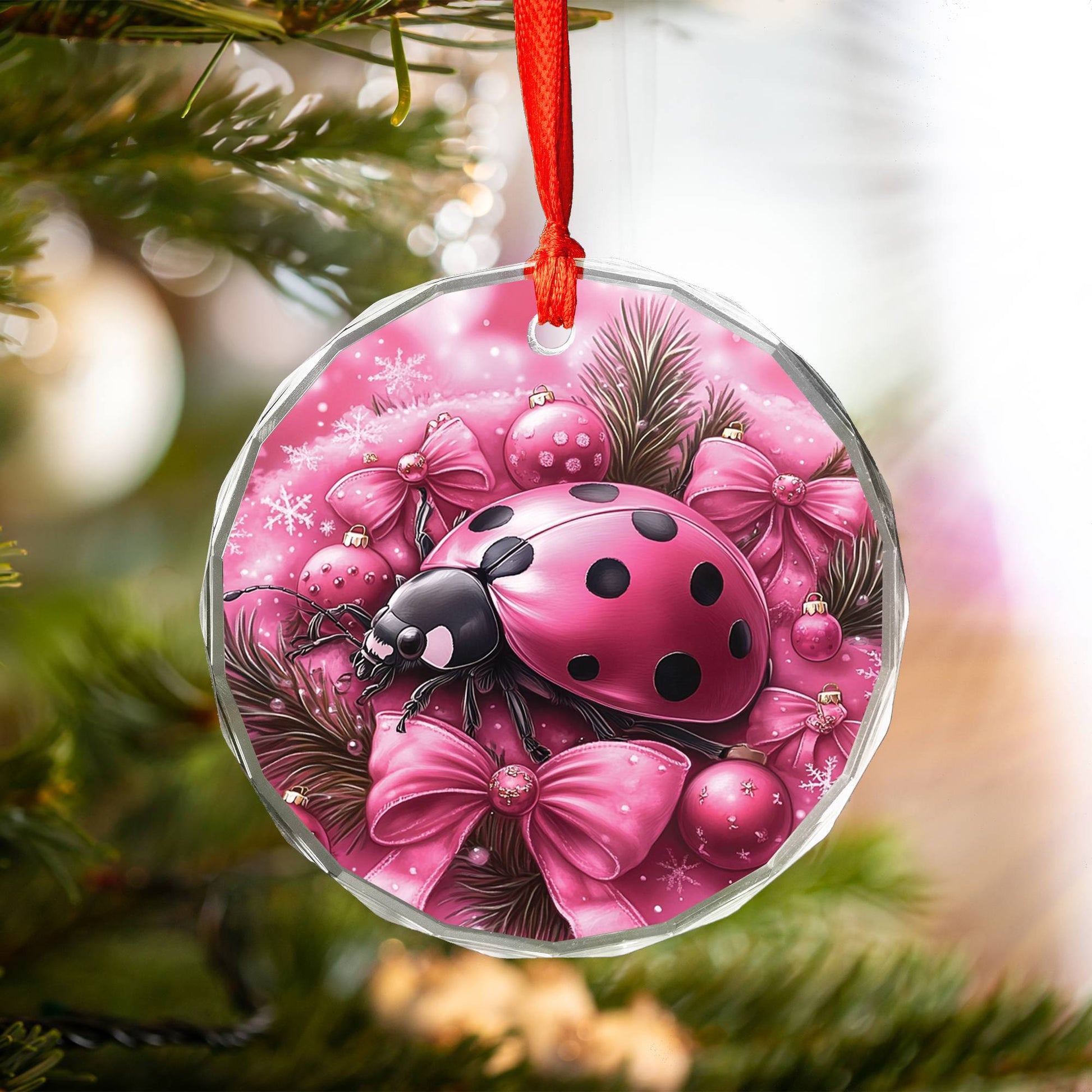 Ladybug Pink Christmas Design 4 Glass Ornament