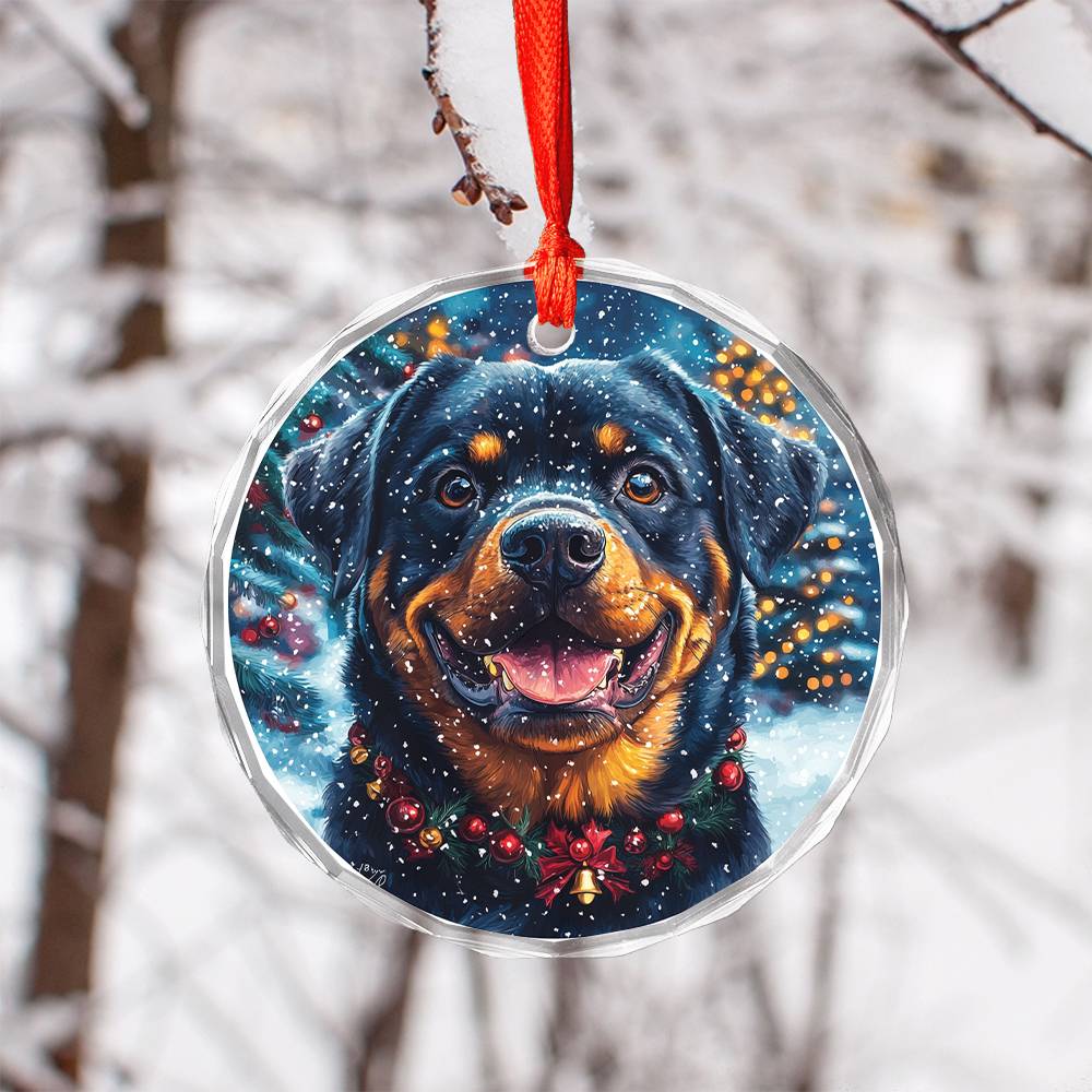 Beautiful Angus Rottweiler Dog Christmas Night Design 3 Glass Ornament