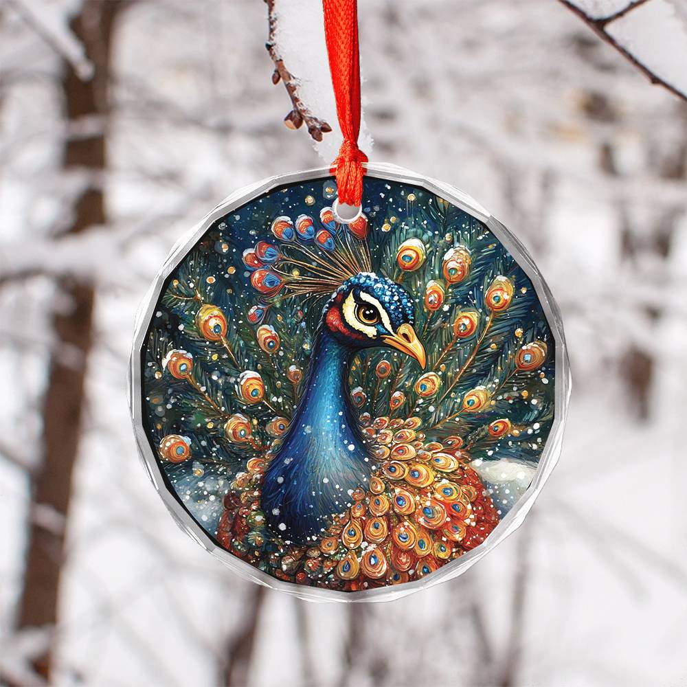 Beautiful Peacock Christmas Night Design 2 Glass Ornament