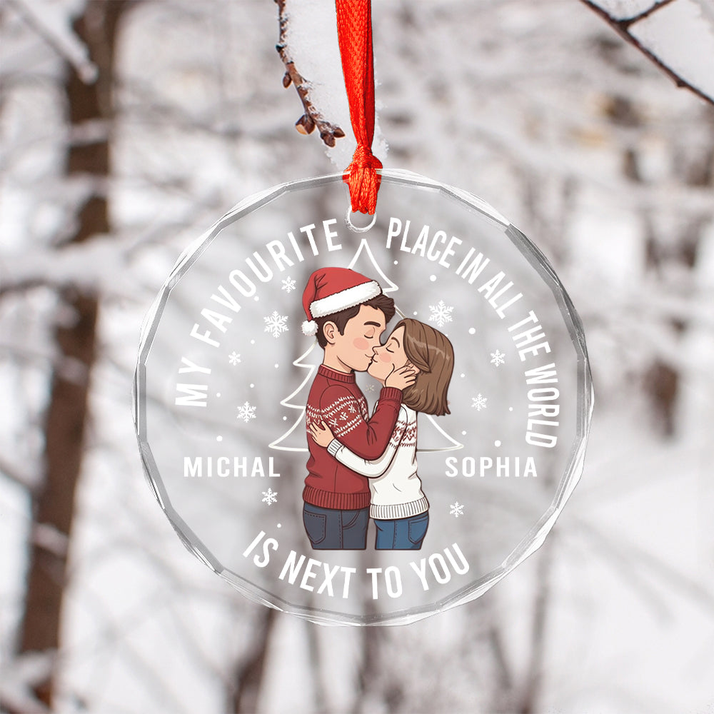 Christmas Couple Sideview You Are My Favorite By Far - Personalized Circle Glass Ornament2