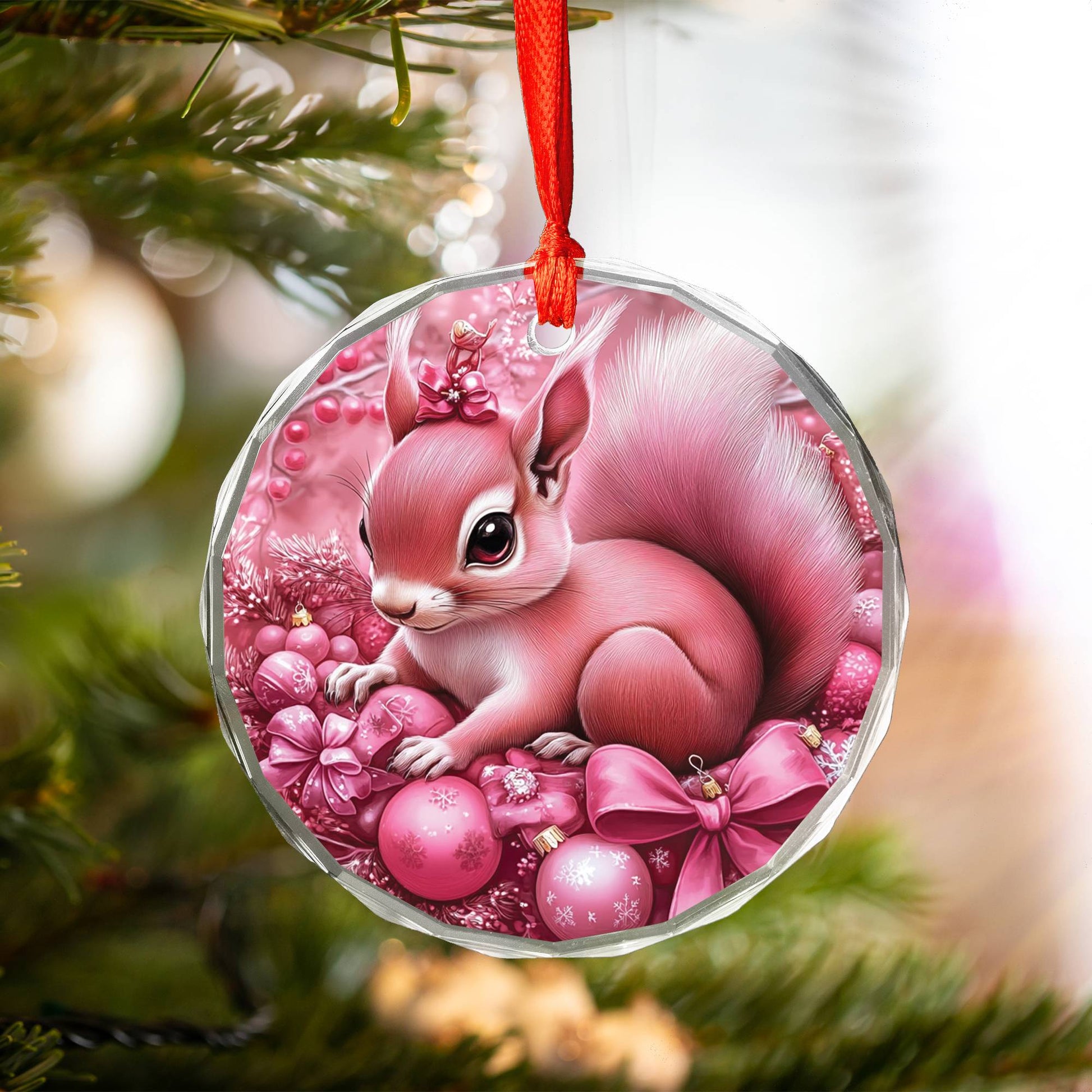 Squirrel Pink Christmas Design 3 Glass Ornament