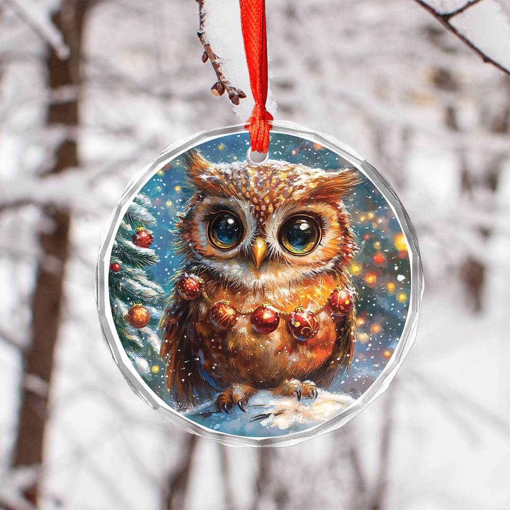 Beautiful Owl Christmas Night Design 3 Glass Ornament