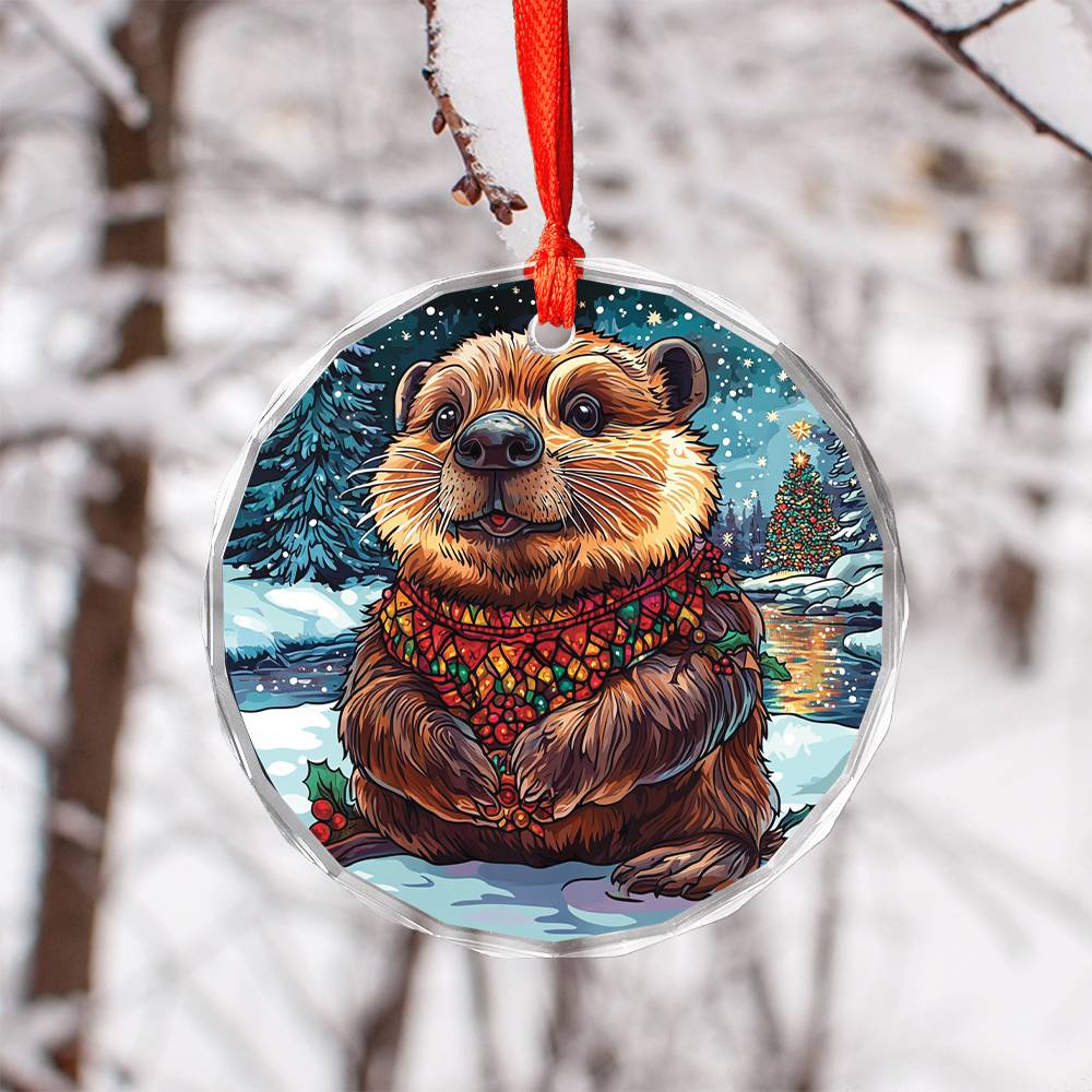 Beautiful Angus Beaver Christmas Night Design 1 Glass Ornament