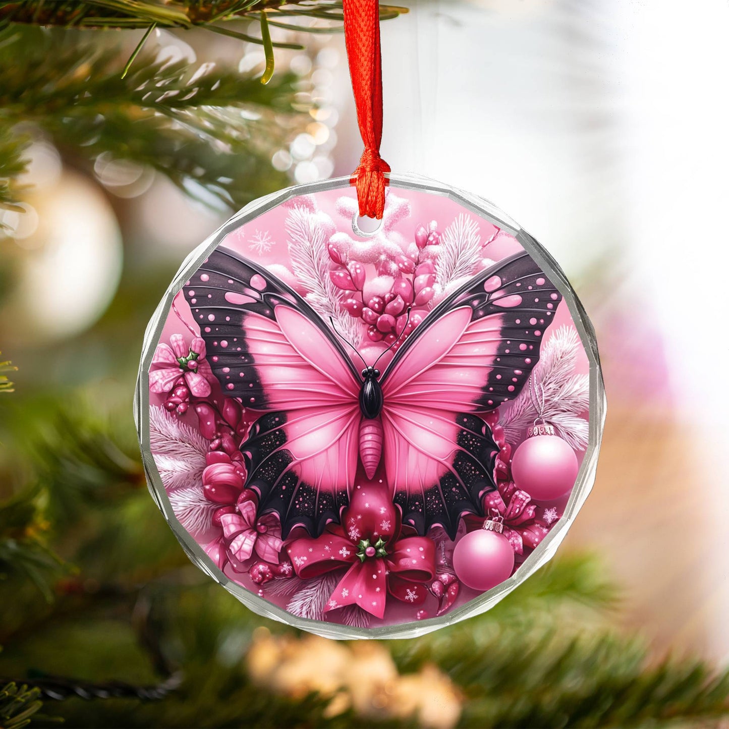 Butterfly Pink Christmas Design 2 Glass Ornament