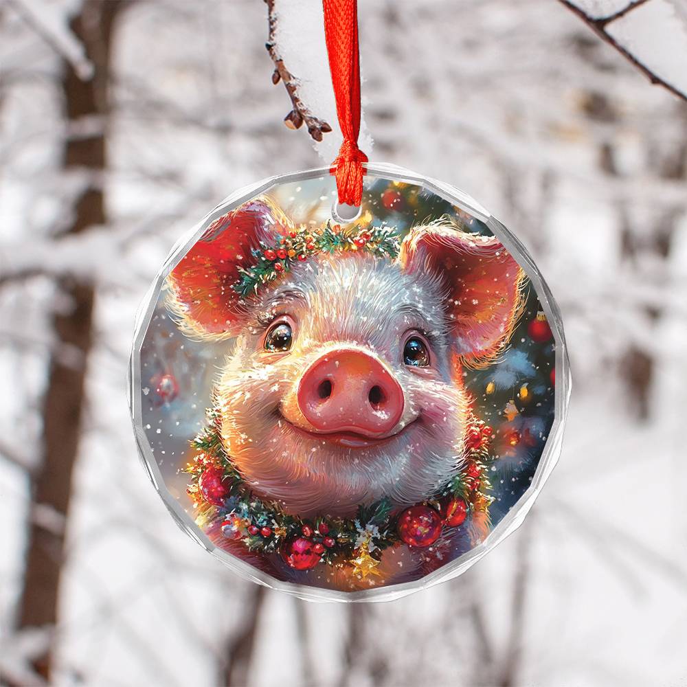 Beautiful Pig Christmas Night Design 3 Glass Ornament