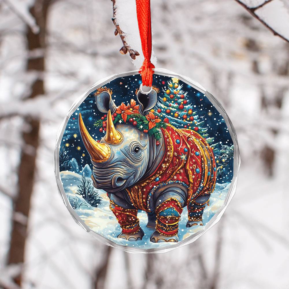 Beautiful Rhino Christmas Night Design 2 Glass Ornament