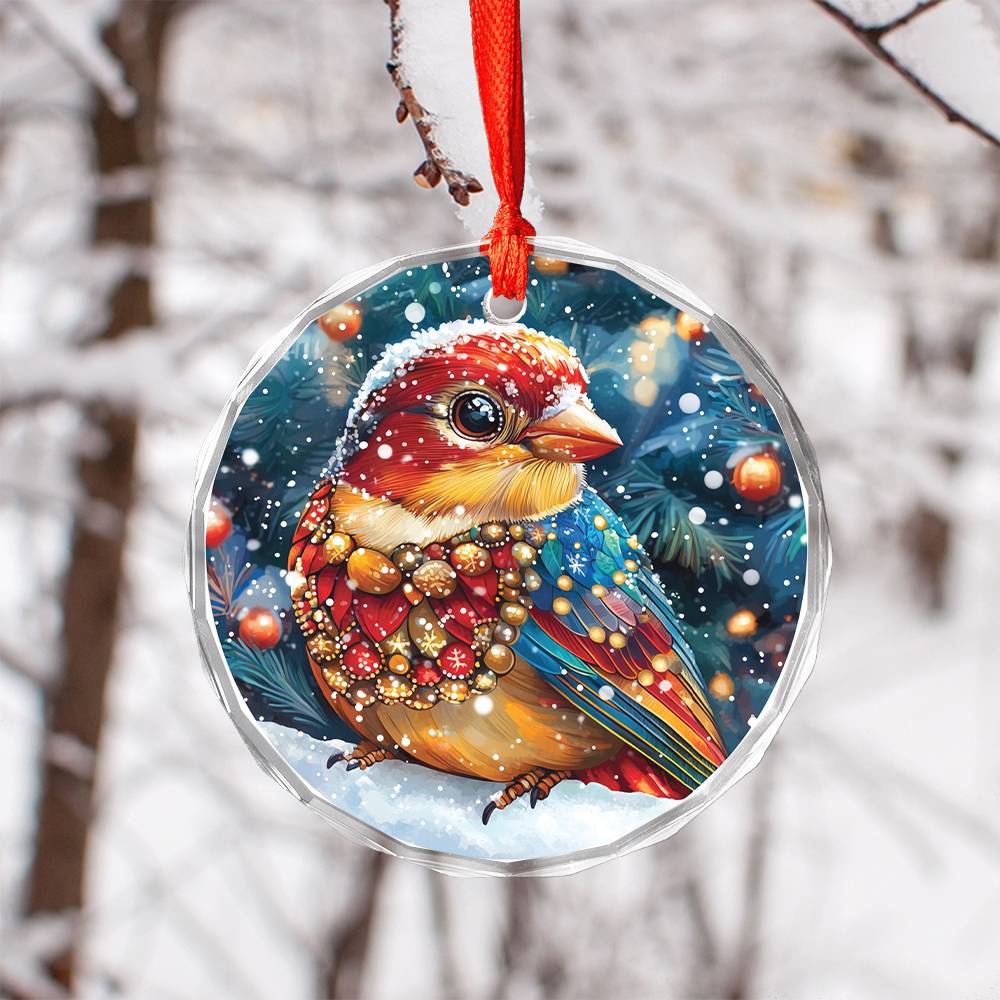 Beautiful Finch Christmas Night Design 4 Glass Ornament