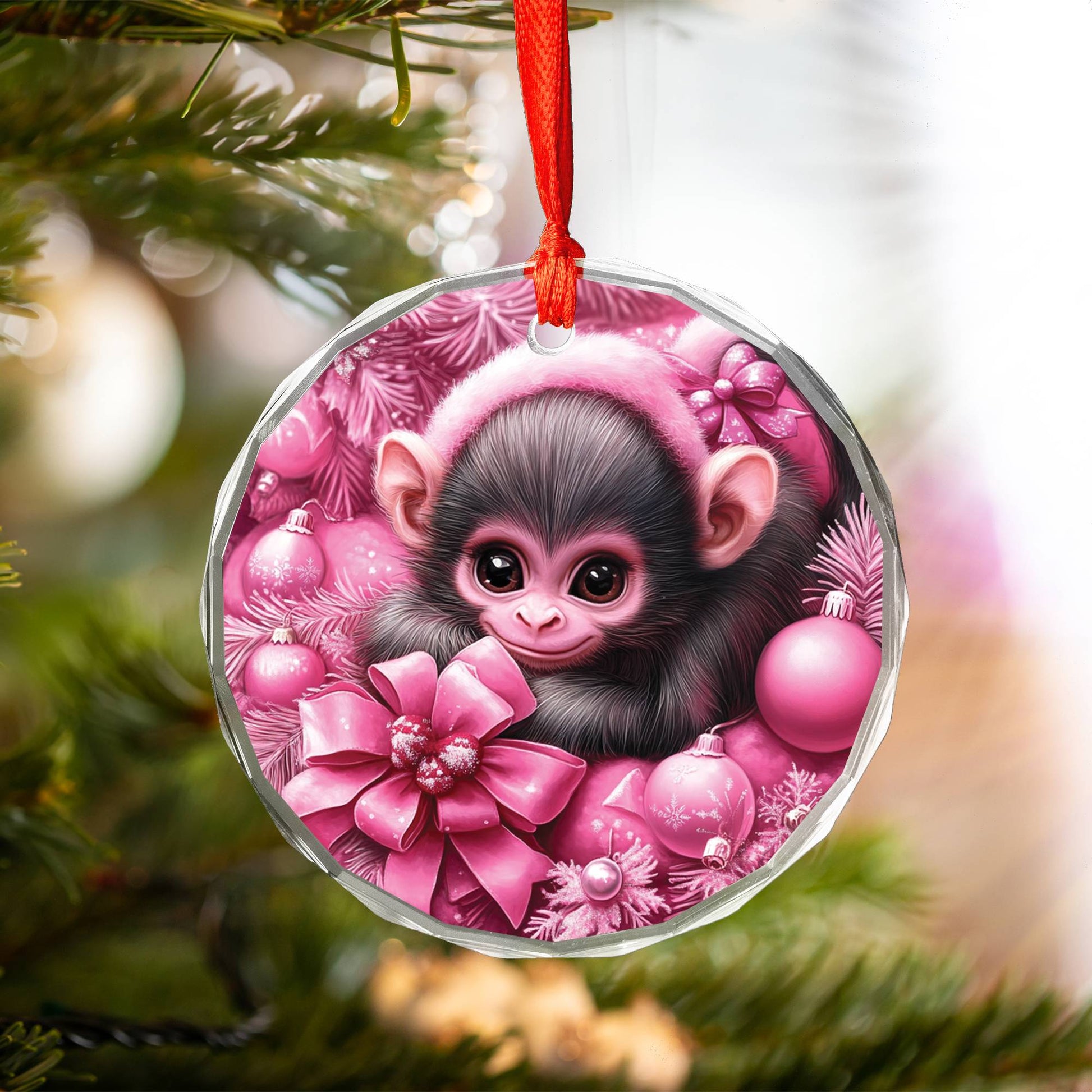 Monkey Pink Christmas Design 3 Glass Ornament