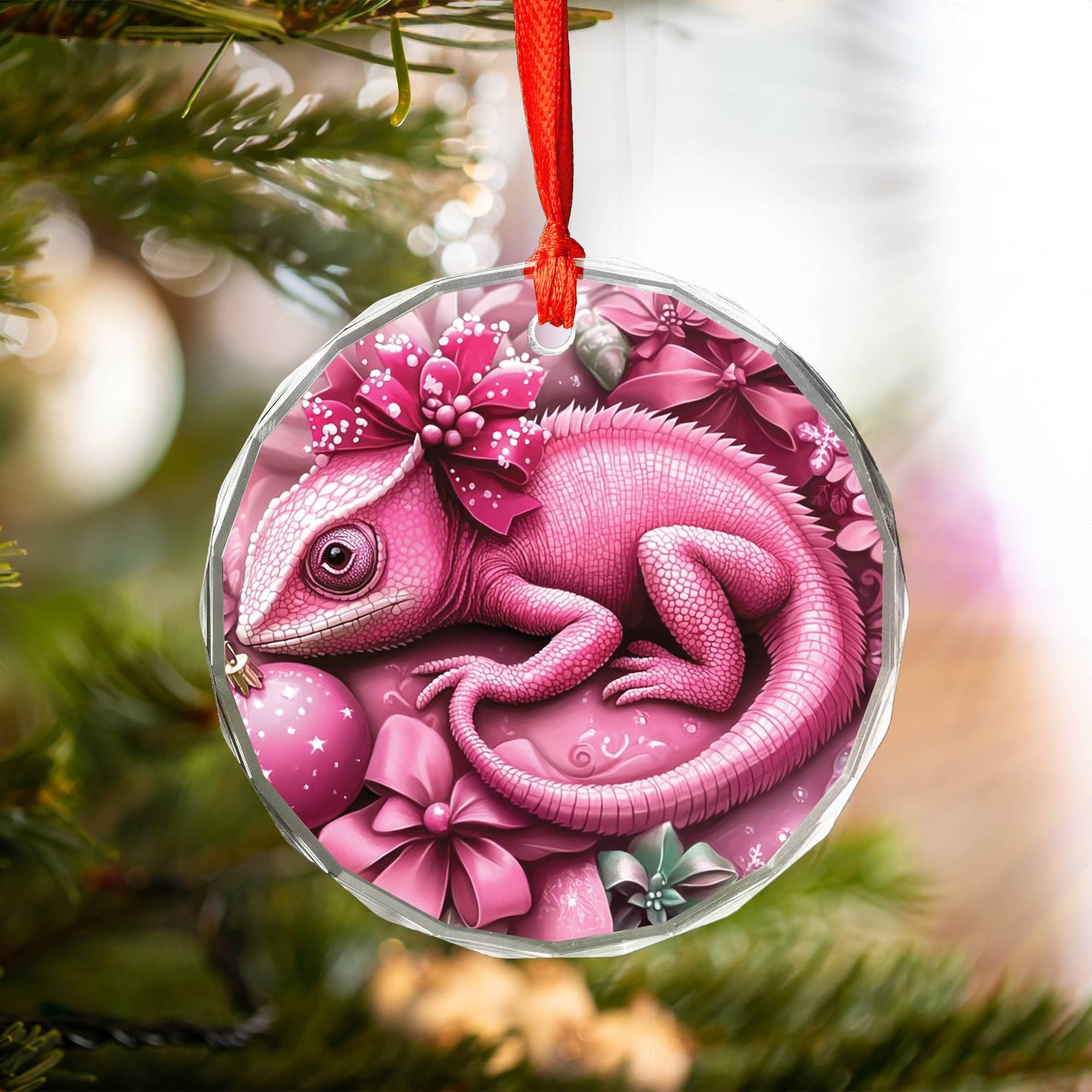 Chameleon Pink Christmas Design 1 Glass Ornament