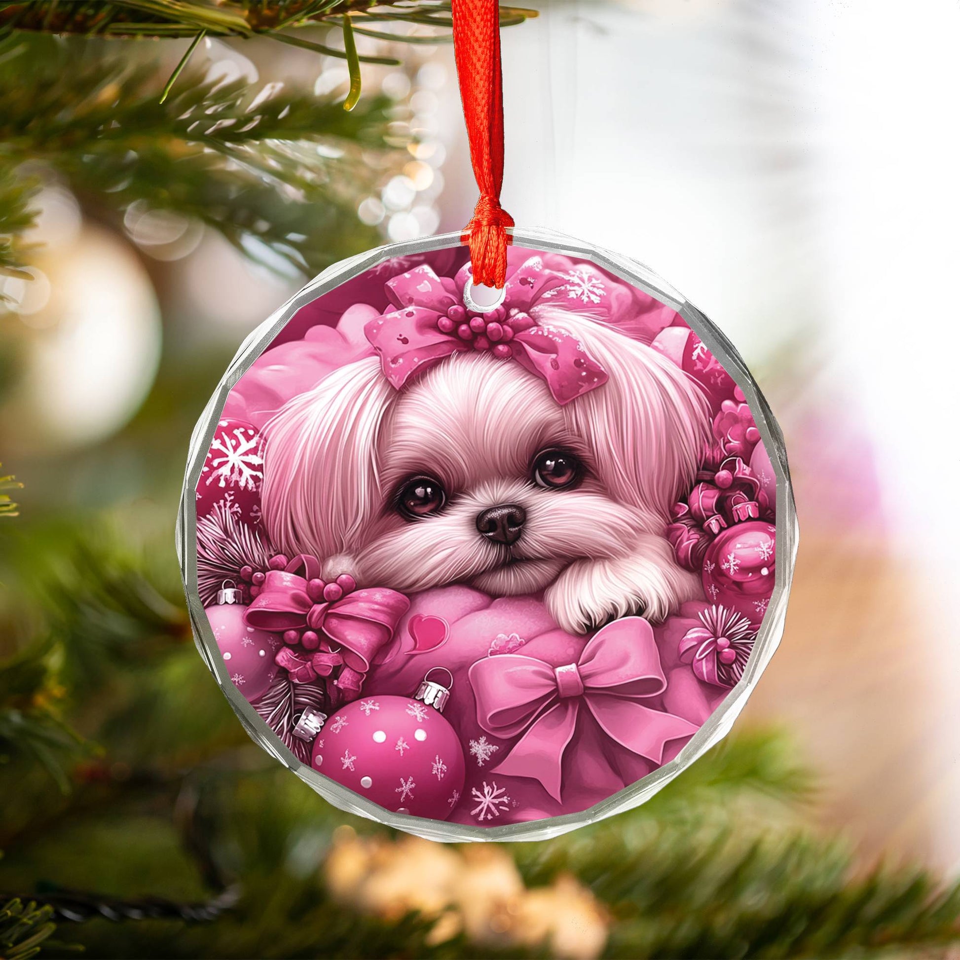 Shih Tzu Dog Pink Christmas Design 2 Glass Ornament