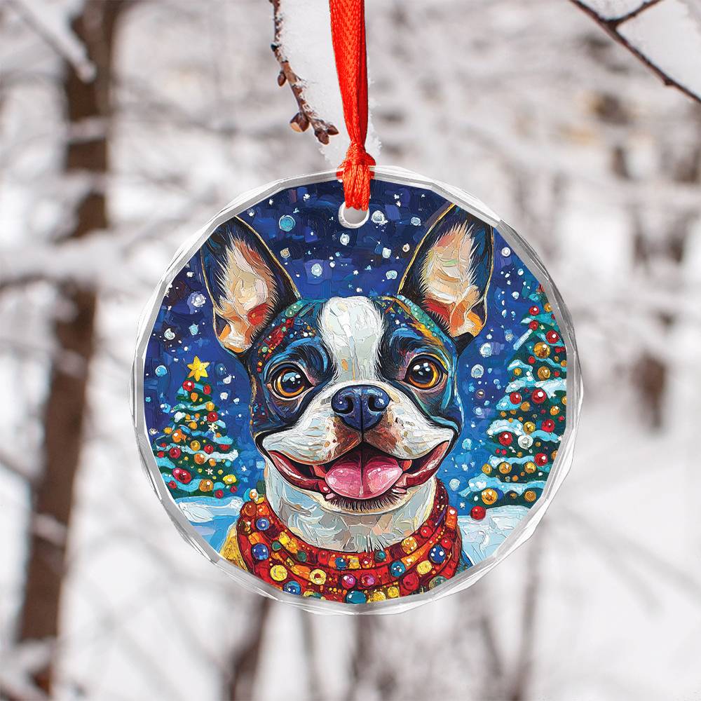 Beautiful Boston Terrier Dog Christmas Night Design 3 Glass Ornament