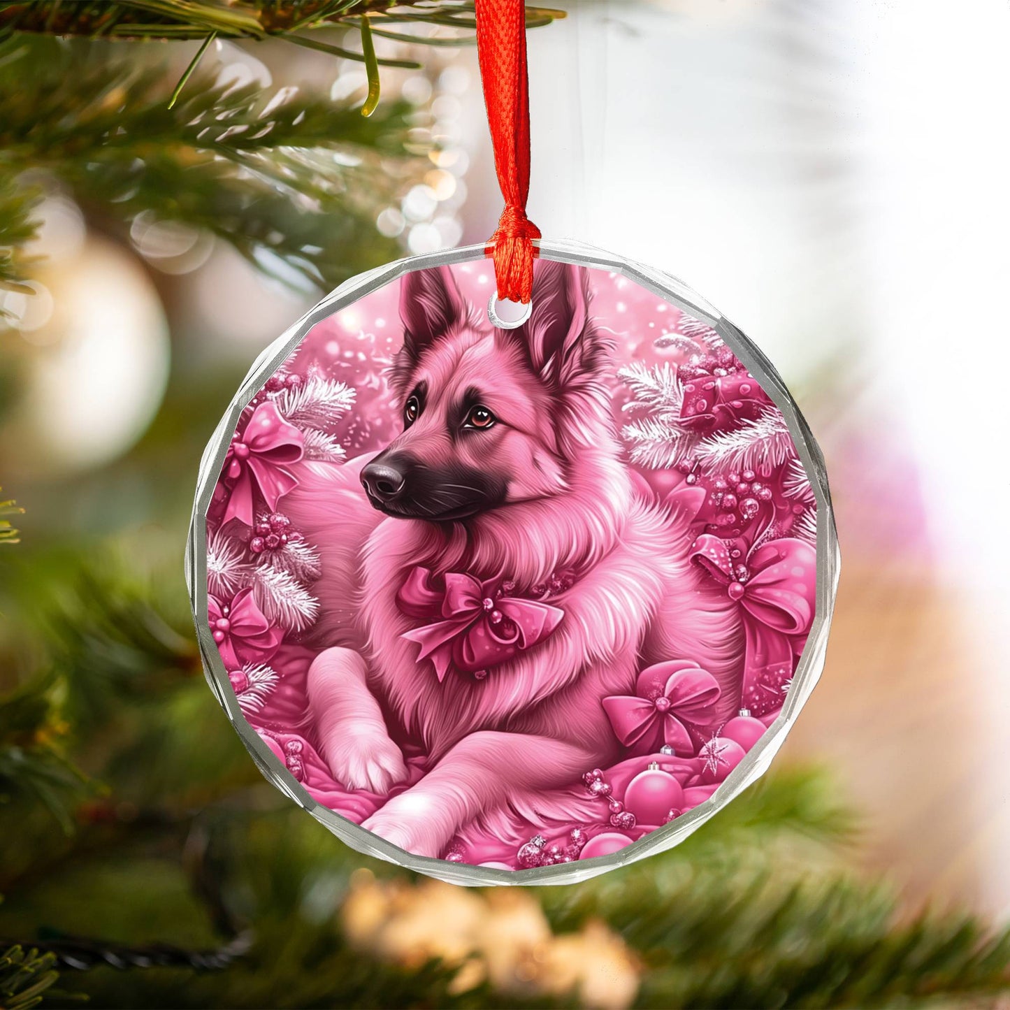 German Shepherd Dog Pink Christmas Design 2 Glass Ornament