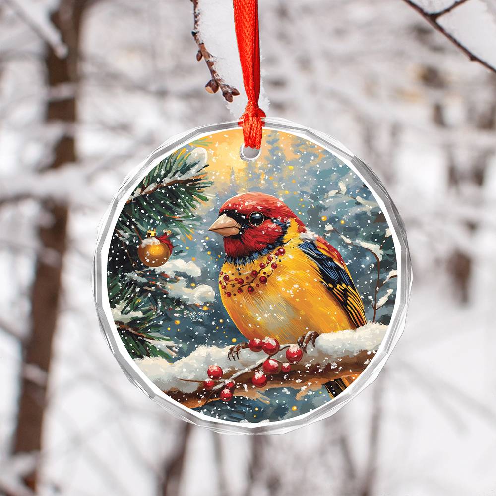 Beautiful Finch Christmas Night Design 1 Glass Ornament