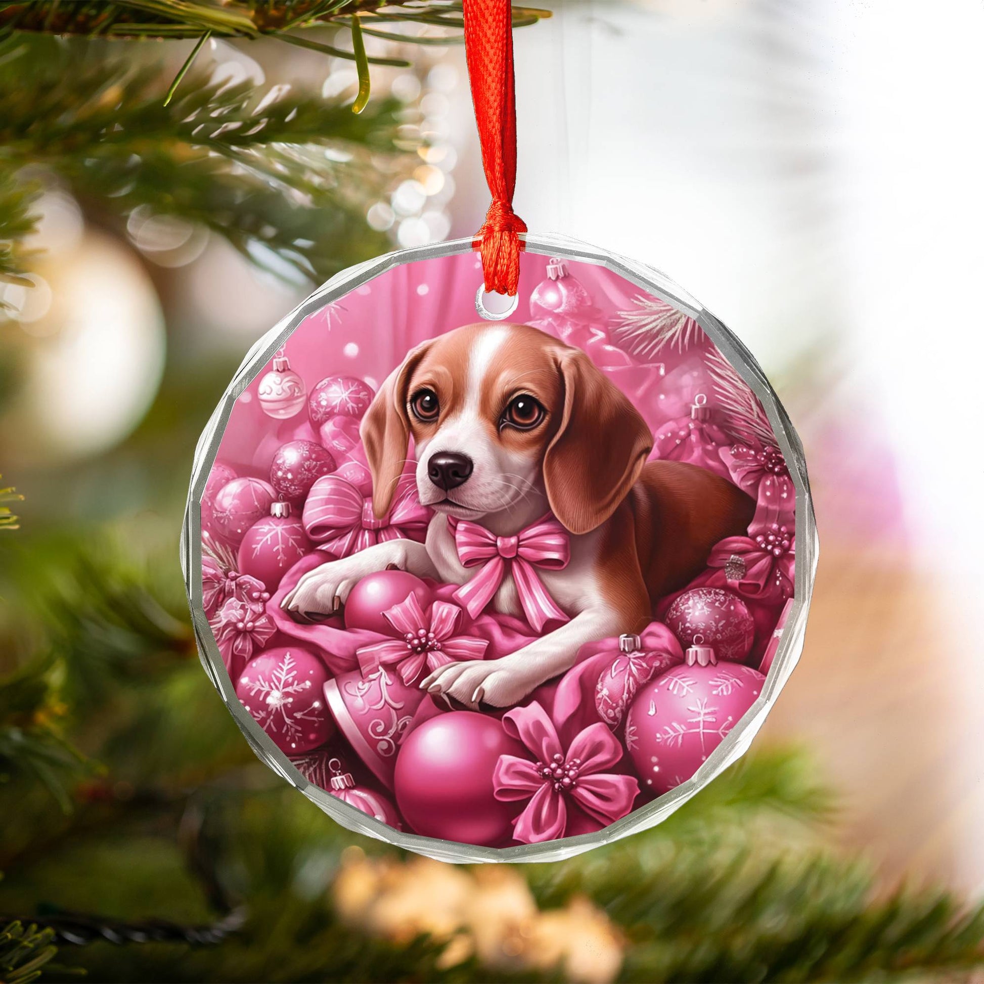 Beagle Dog Pink Christmas Design 2 Glass Ornament