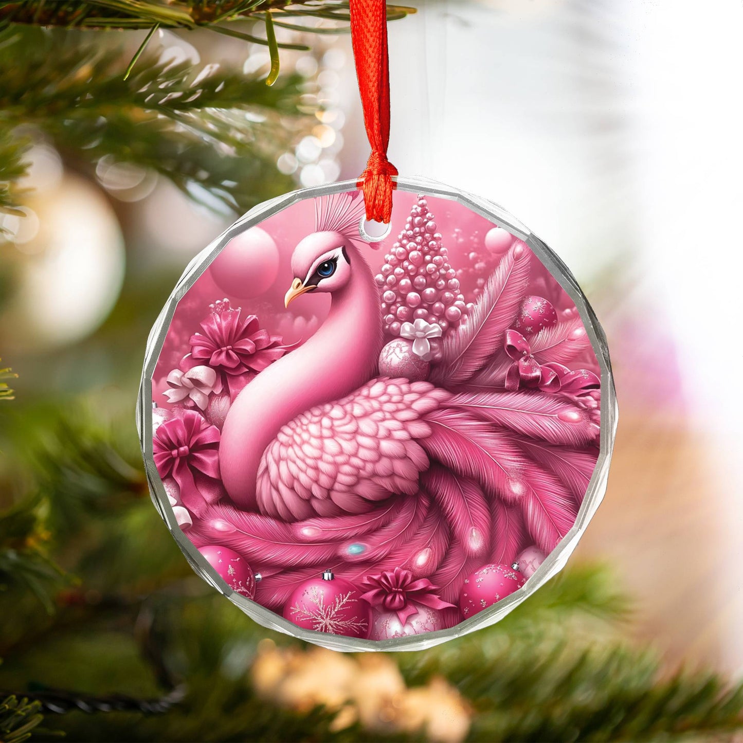 Peacock Pink Christmas Design 1 Glass Ornament