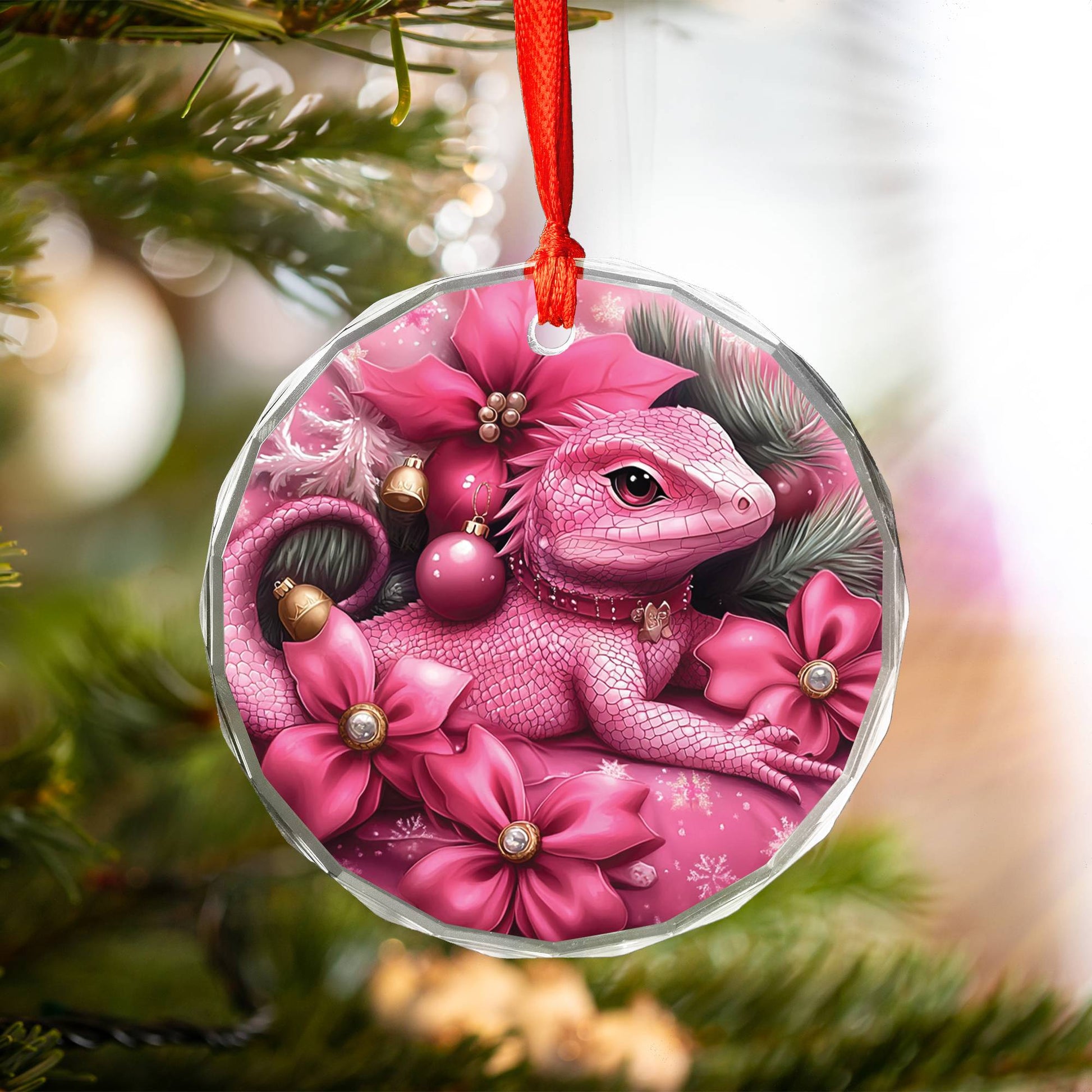 Lizard Pink Christmas Design 1 Glass Ornament