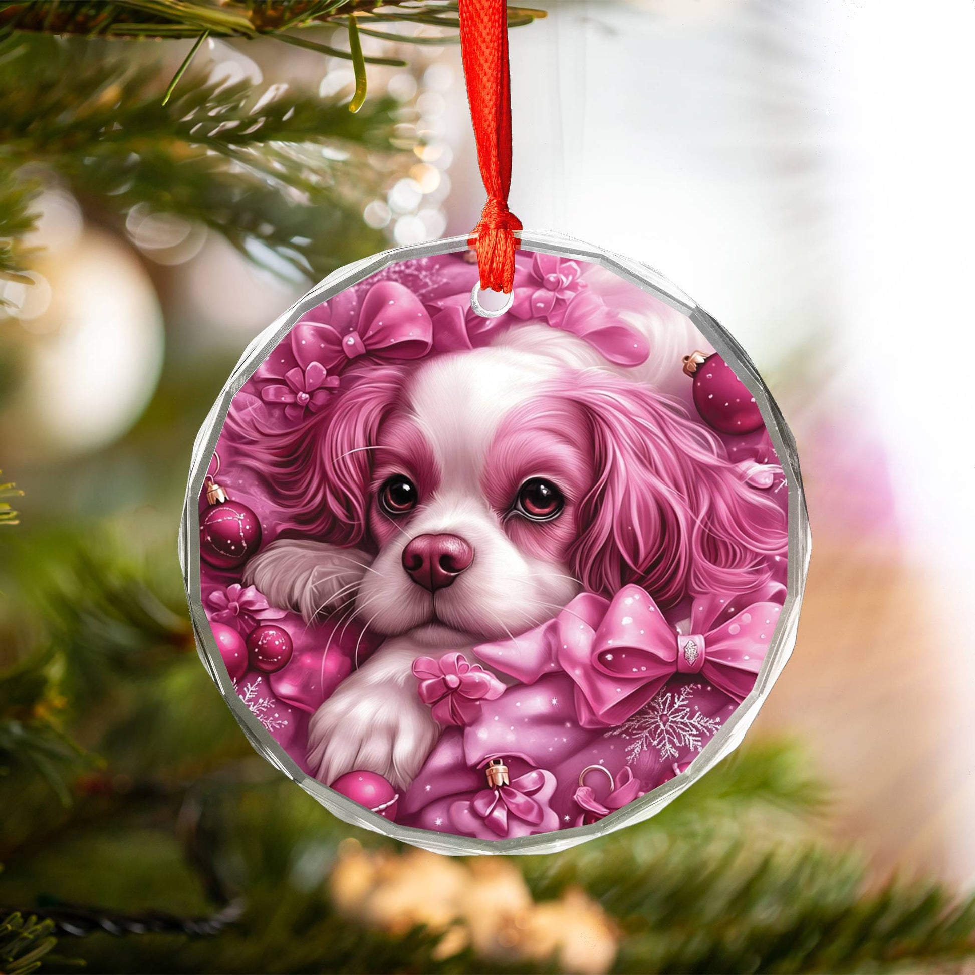 Cavalier King Charles Spaniel Dog Pink Christmas Design 1 Glass Ornament