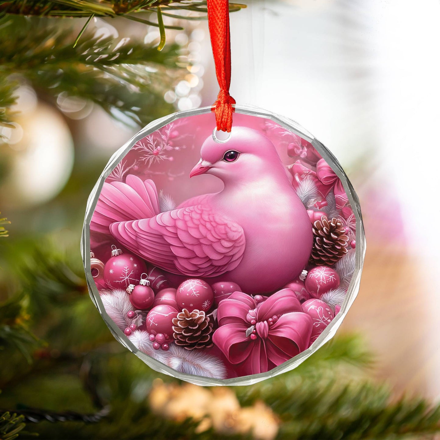 Dove Pink Christmas Design 2 Glass Ornament