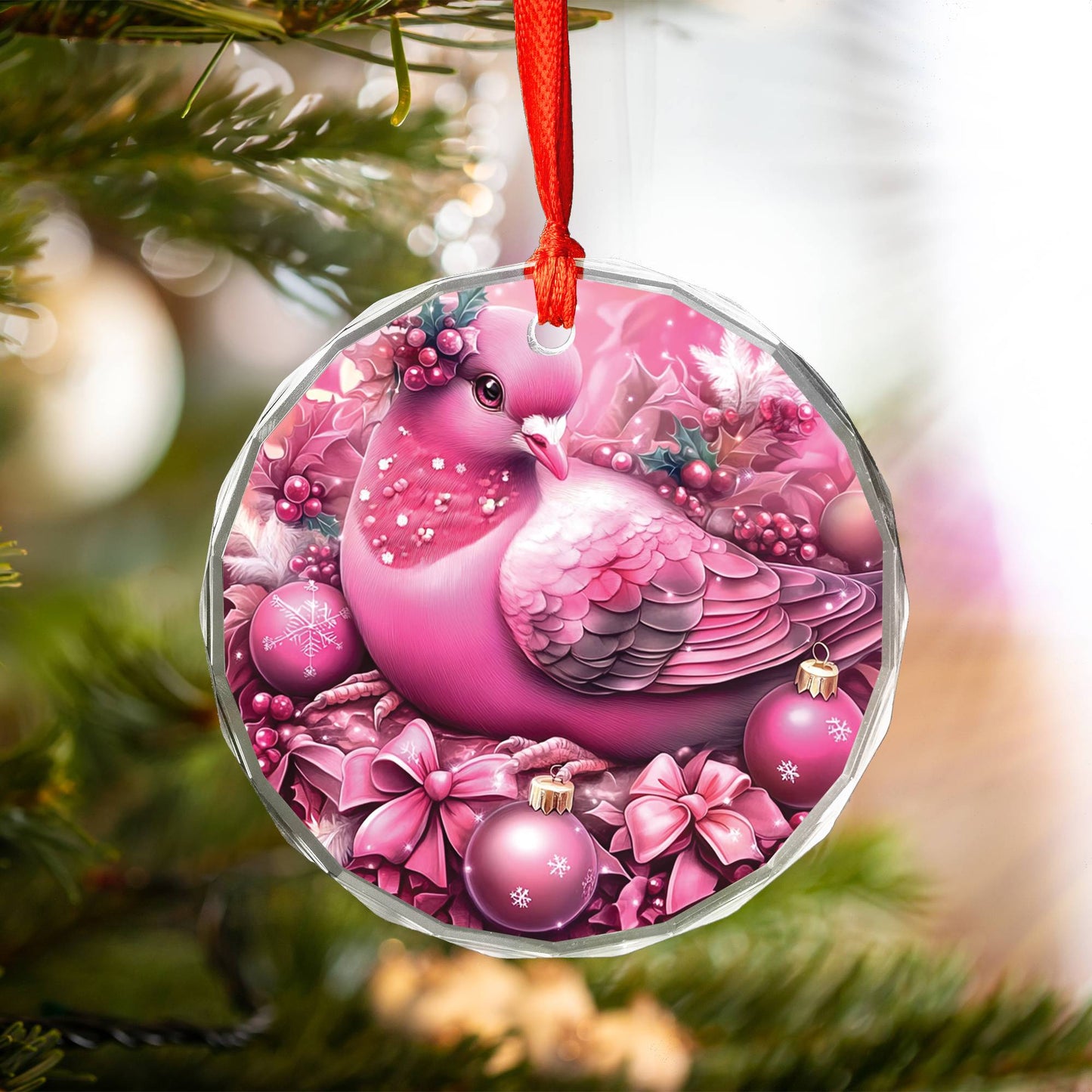 Pigeon Pink Christmas Design 1 Glass Ornament