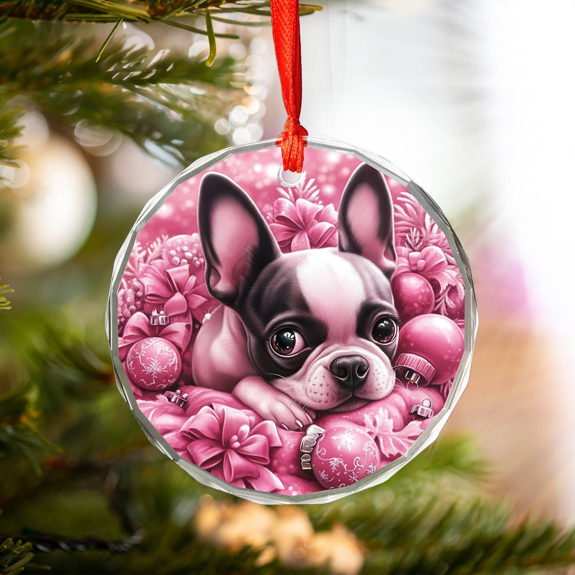 Boston Terrier Dog Pink Christmas Design 2 Glass Ornament