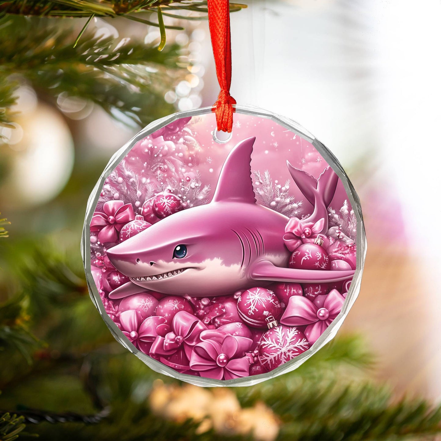 Shark Pink Christmas Design 1 Glass Ornament