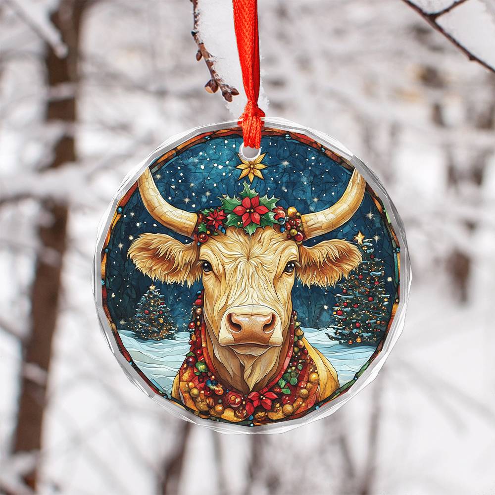 Beautiful Longhorn Cow Christmas Night Design 3 Glass Ornament