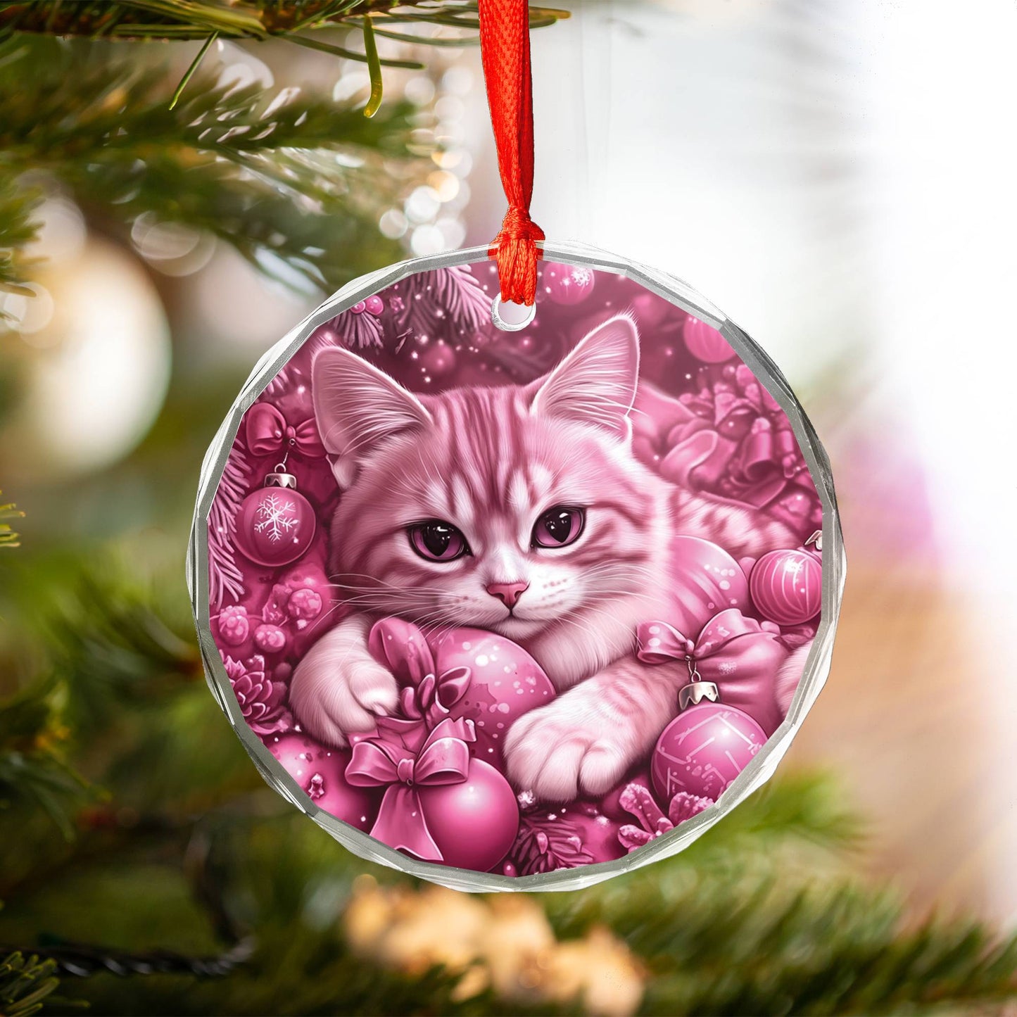 American Shorthair Pink Christmas Design 3 Glass Ornament