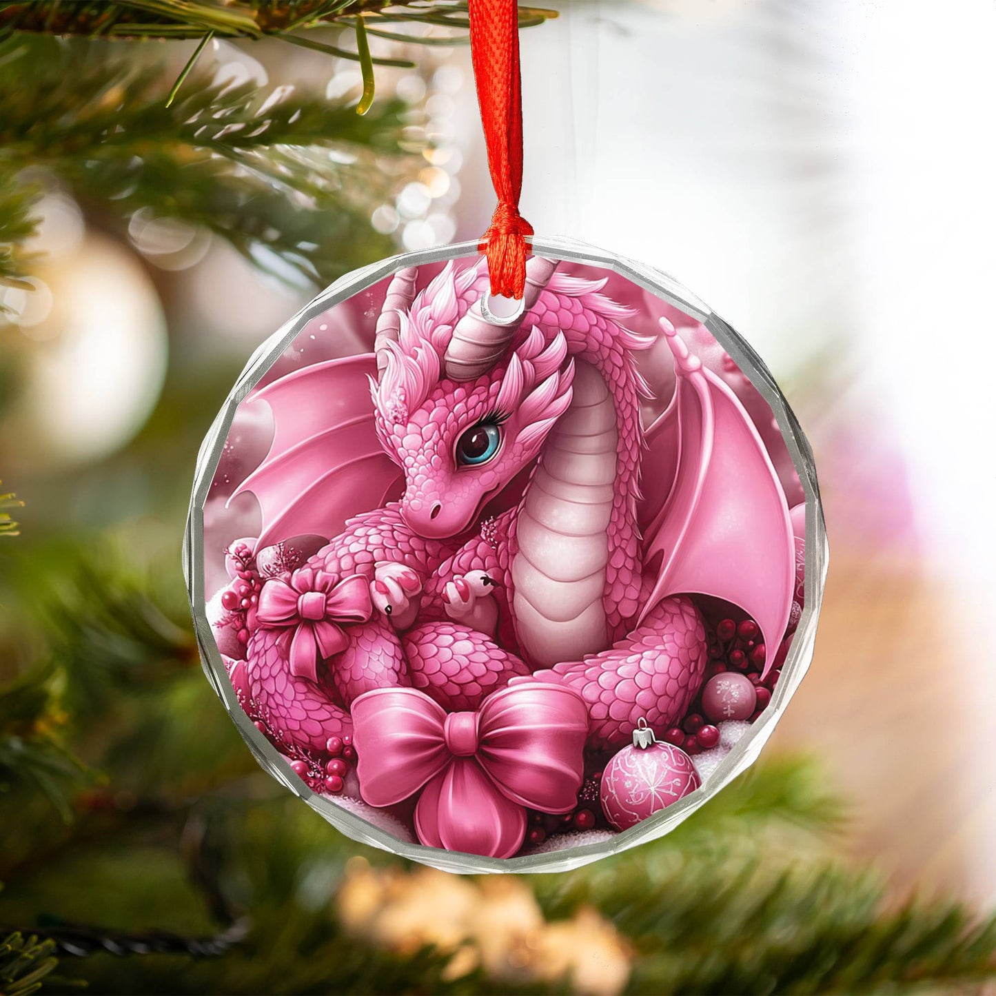 Dragon Pink Christmas Design 1 Glass Ornament