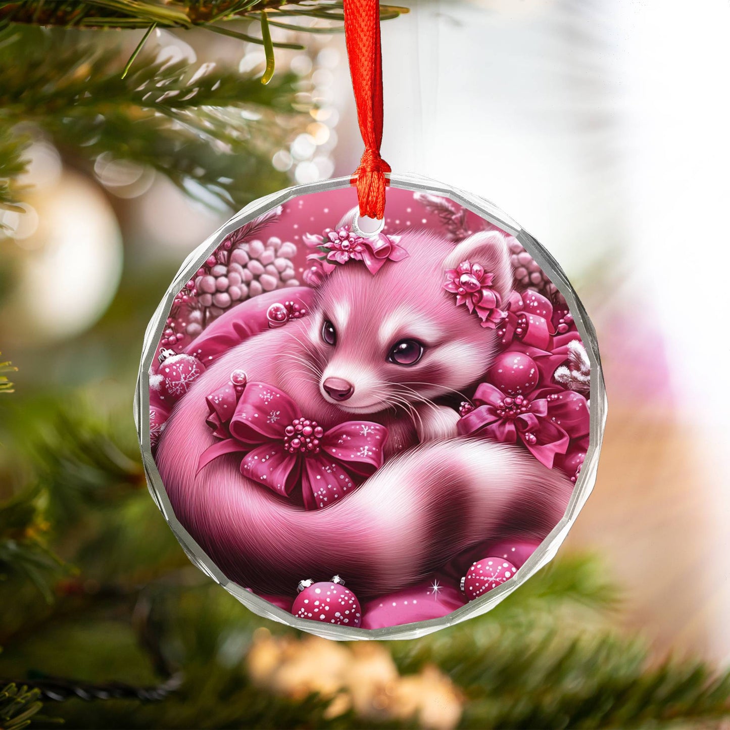 Ferret Pink Christmas Design 4 Glass Ornament