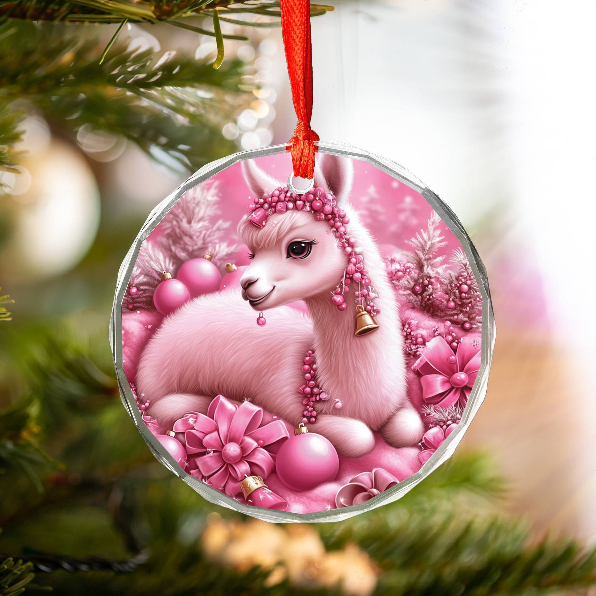 Alpaca Pink Christmas Design 2 Glass Ornament