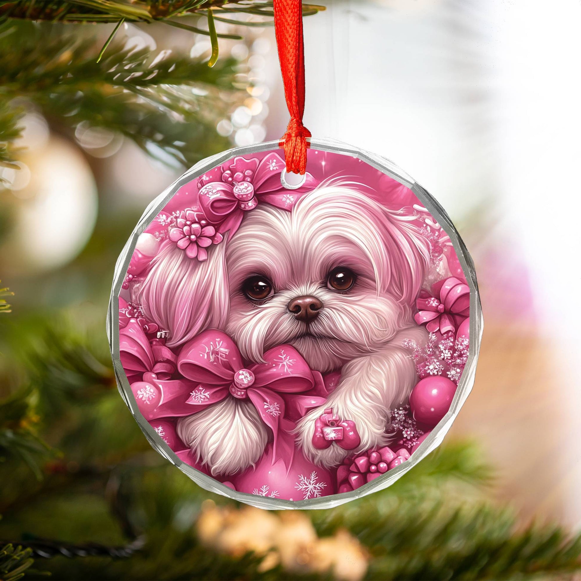 Shih Tzu Dog Pink Christmas Design 3 Glass Ornament