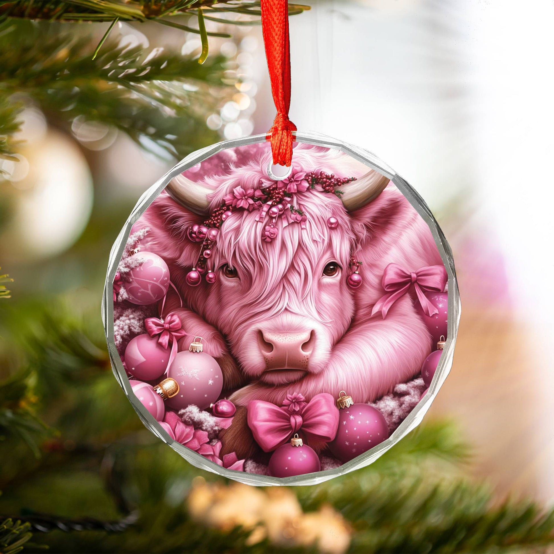Highland Cow Pink Christmas Design 3 Glass Ornament